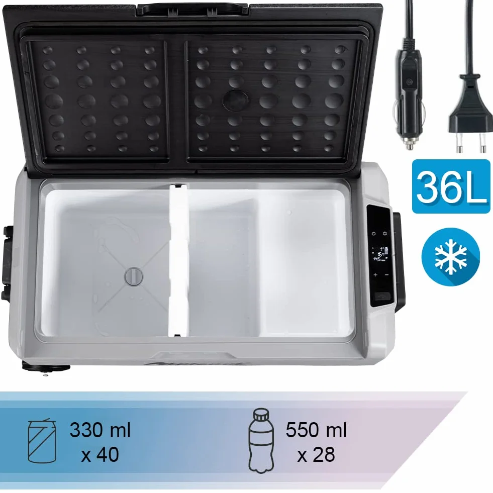 Frigorifero Portatile con Compressore 12V 220V, Frigo Congelatore con 2 Scomparti, Ruote e Manici Laterali, AC-DC 12/24 V, Ideale per Auto, Camper, Barca, Viaggi, Picnic (36 Litri)
