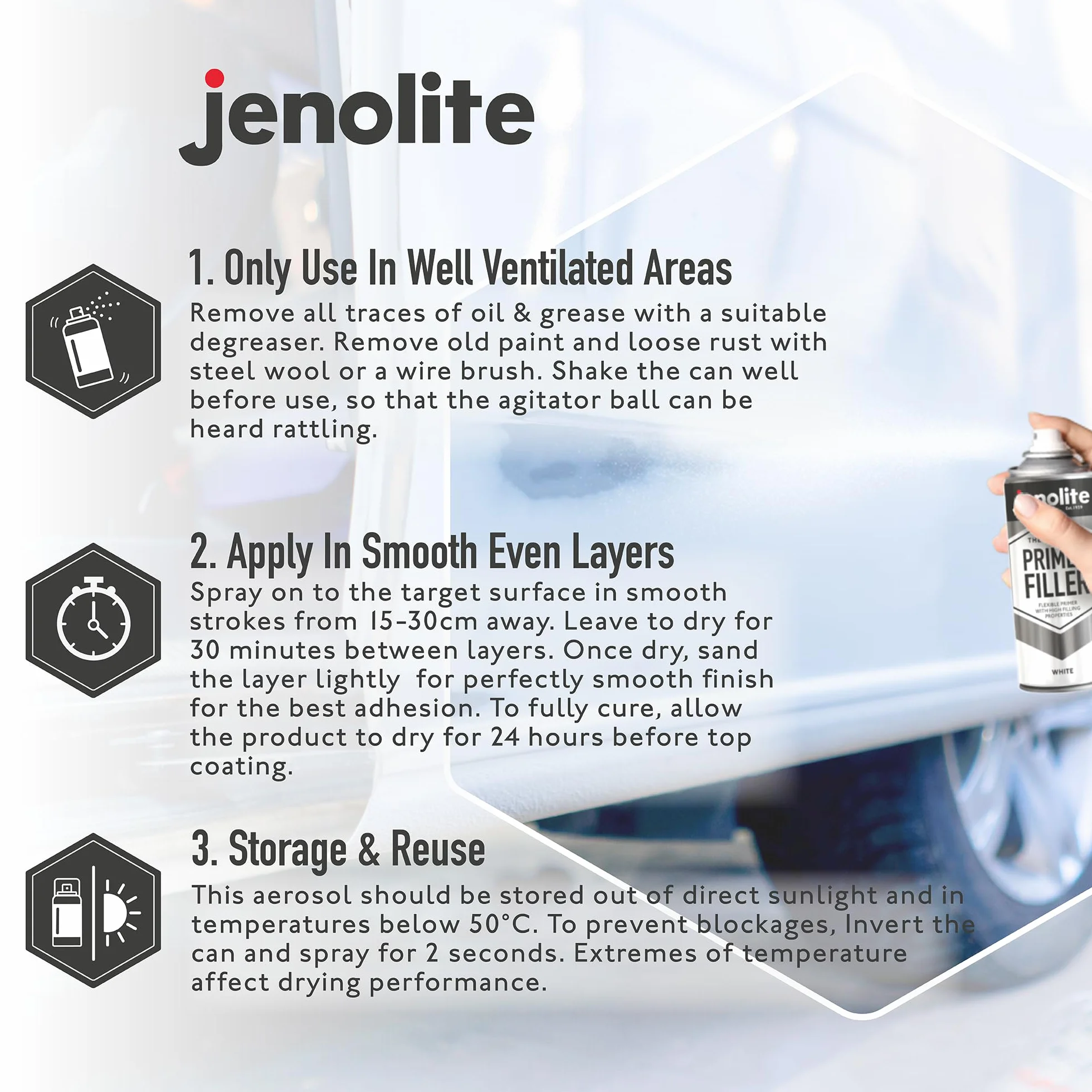 JENOLITE Primer Filler vernice spray | Bianco | Vernice primer multi-superficie ad alto riempimento | Riempie piccole ammaccature e graffi | Perfetto per carrozzeria, modelli di stampanti 3D e altro |