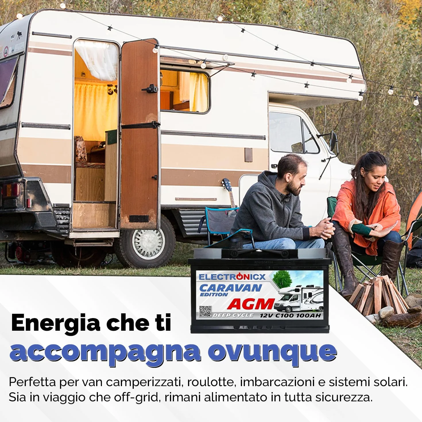 Batteria AGM Caravan 12V 100Ah deep cycle sigillata 278x175x190mm