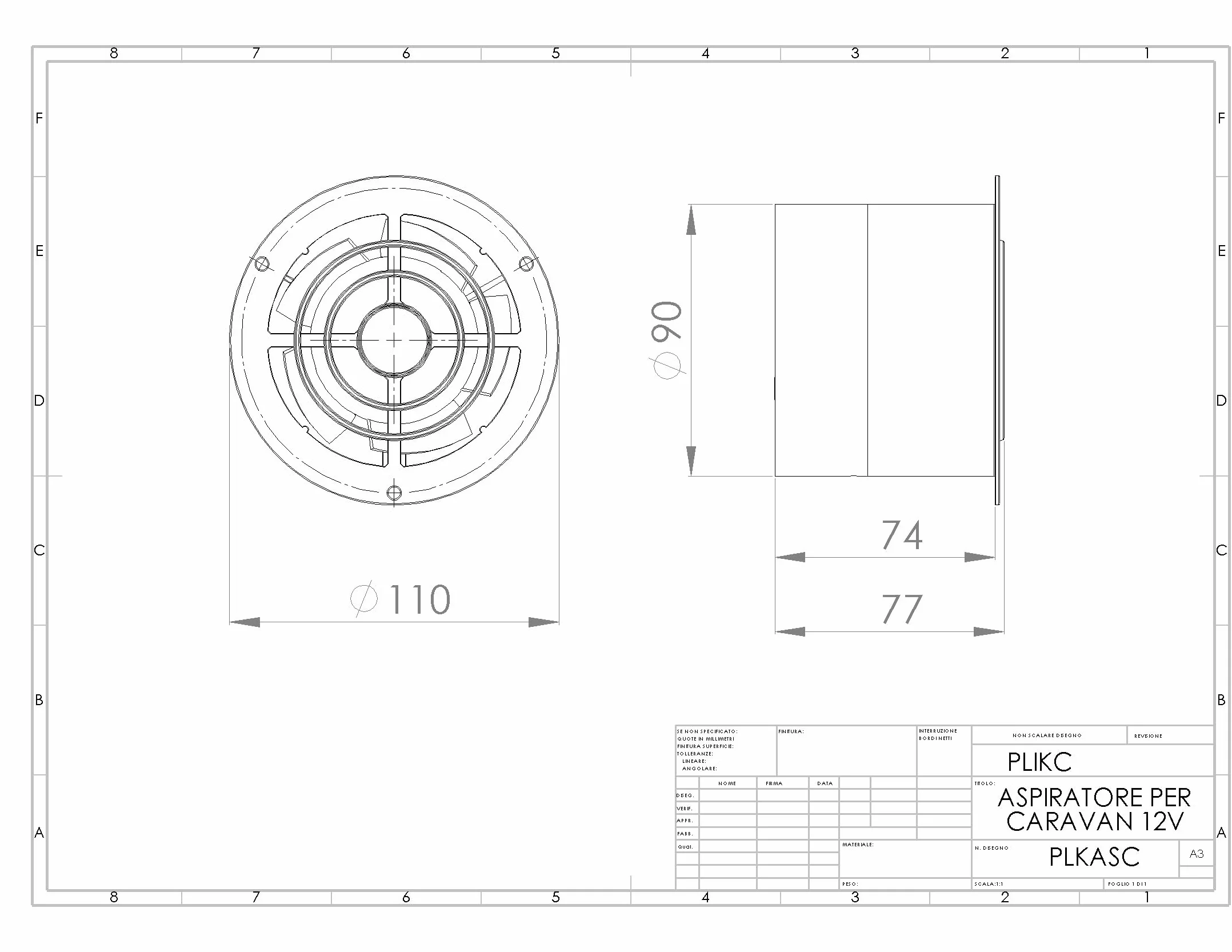 ASC - Aspiratore assiale con ventola 12Vcc per camper caravan diametro foro 90mm