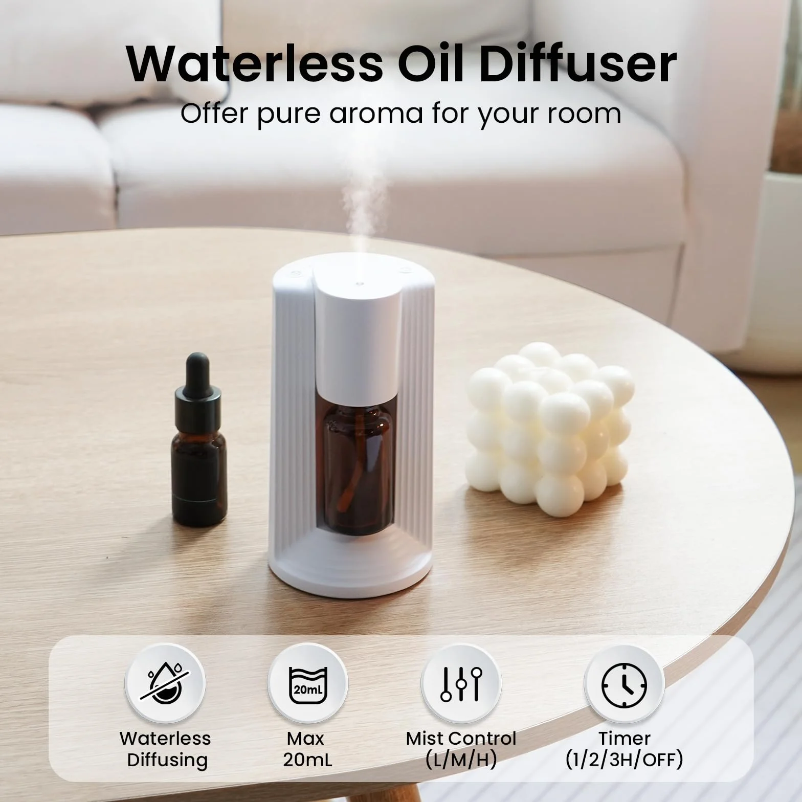 LAMA Diffusore di aromi senz'acqua per auto, mini profumatore portatile, spegnimento automatico, 3 livelli di nebbia, bianco