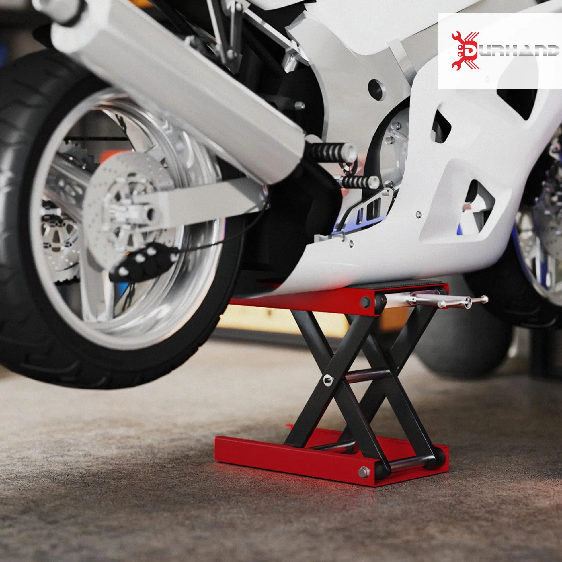 DURHAND Cavalletto per Moto e Bici Antiscivolo max 500 kg Regolabile, Metallo e Gomma, Rosso e Nero