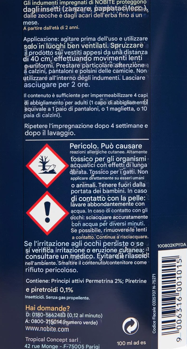 NOBITE Spray Abiti Permetrina 3x100ml Repellente Antizanzare per Vestiti