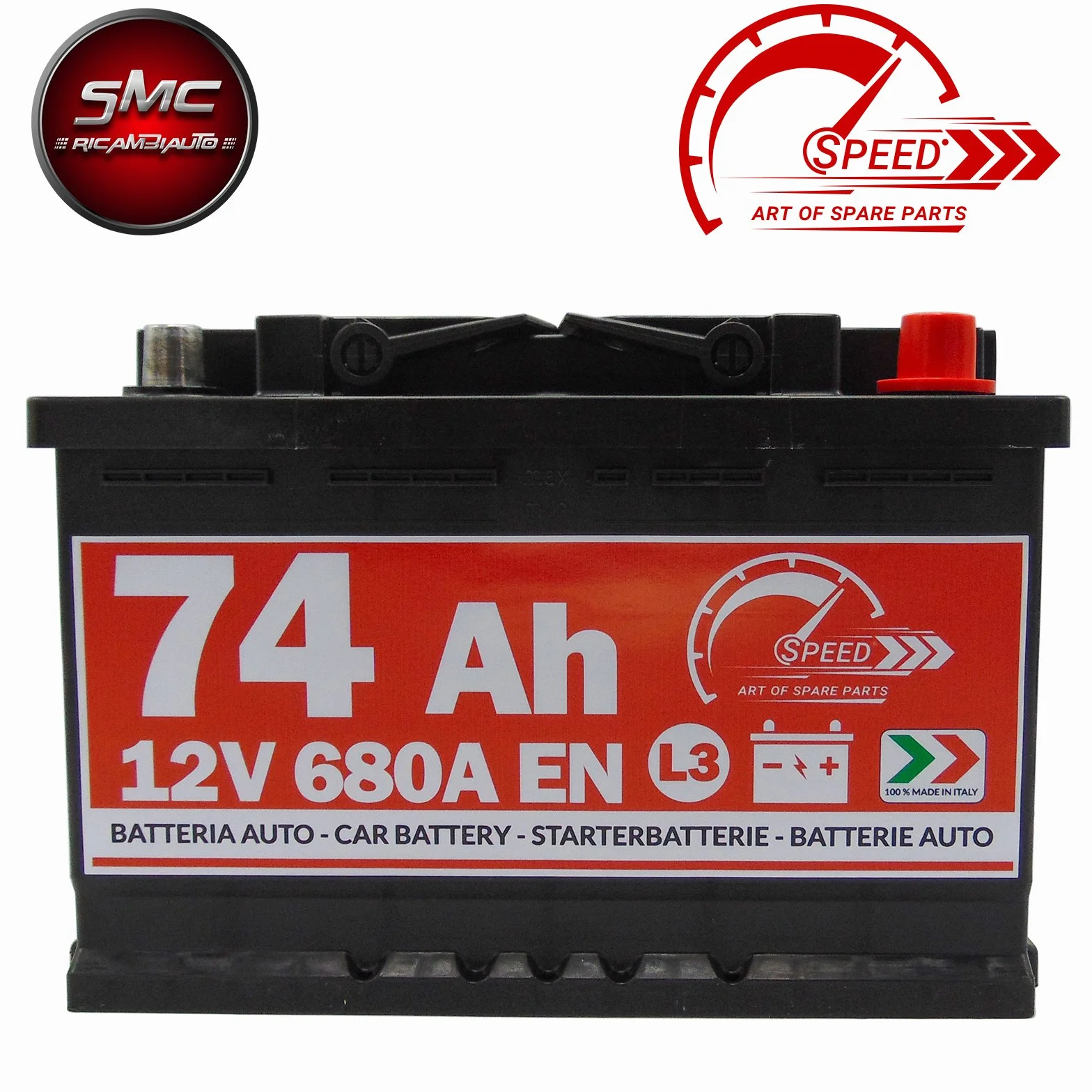 BATTERIA AUTO SPEED BY SMC 12V 74AH 680A CON POLO POSITIVO A DESTRA L374 CODICE