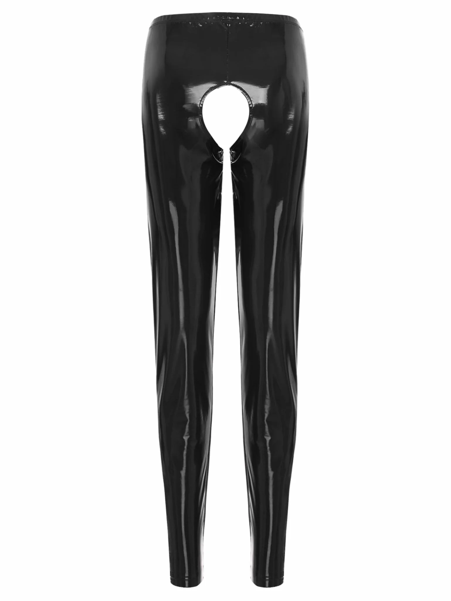 Pantaloni sexy da donna in pelle a vita alta skinny slim con cavallo aperto per feste clubwear