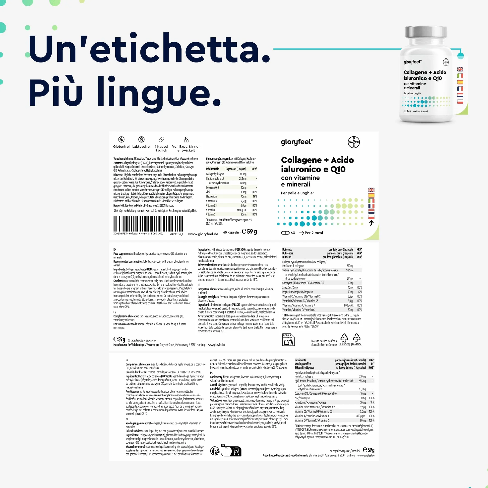 Collagene Marino con Acido Ialuronico, Coenzima Q10, Vitamina C, Zinco, 60 Capsule, Integratore per Pelle, Ossa e Articolazioni