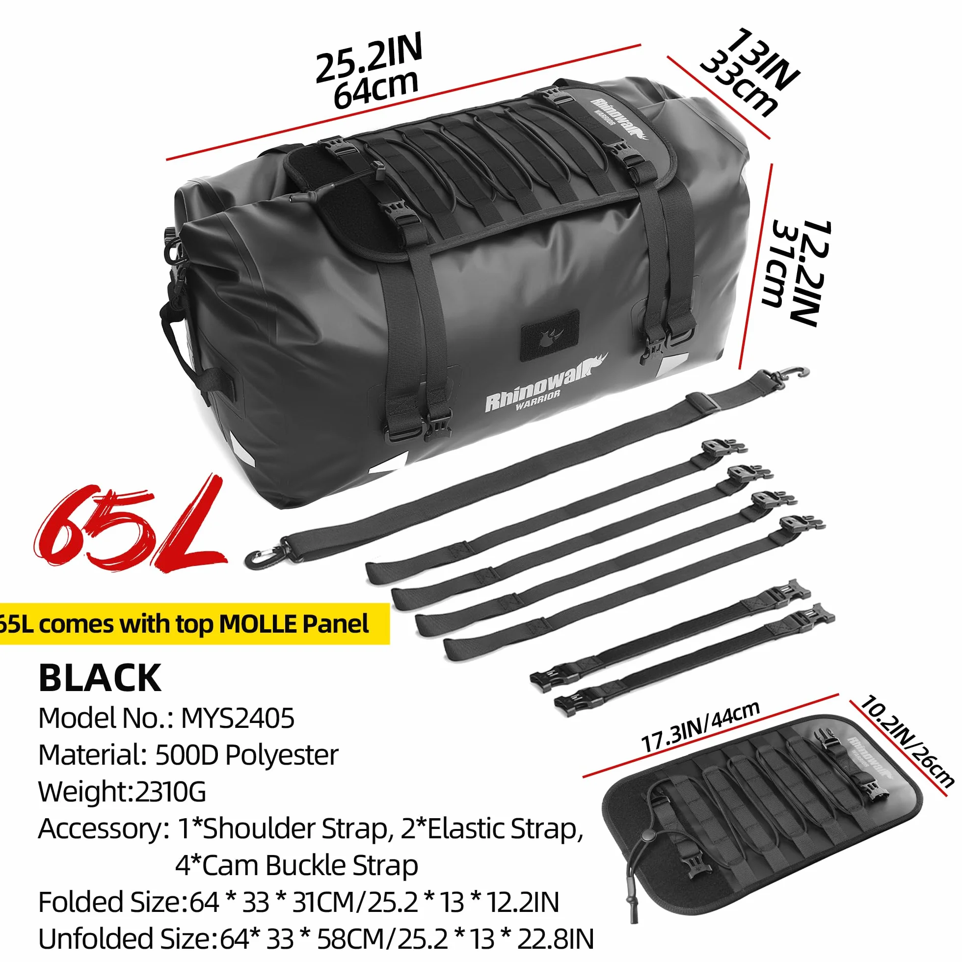 Rhinowalk Borsa da sella per moto 65L impermeabile con espansione MOLLE