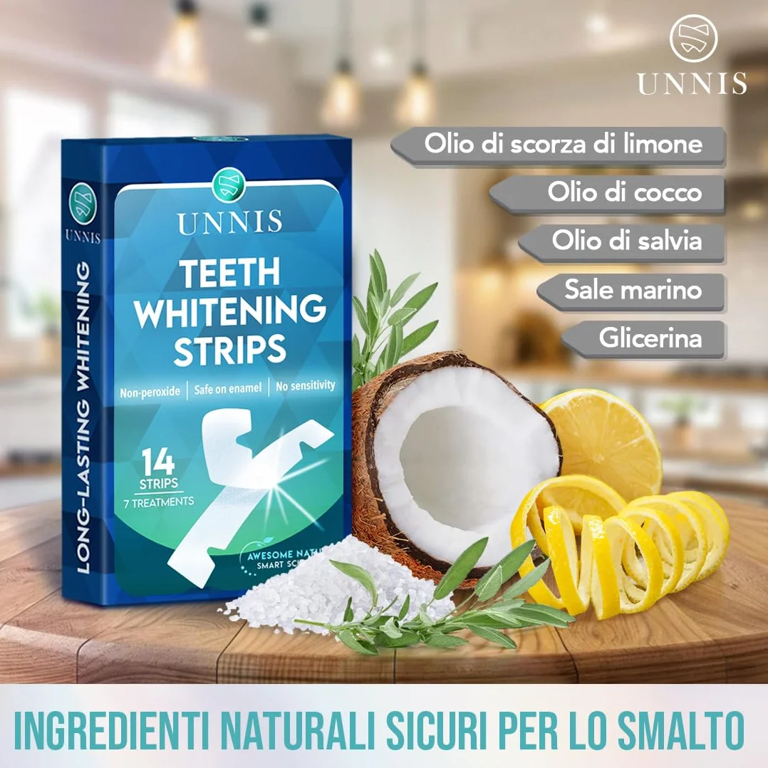 Strisce Sbiancanti Denti, Confezione da 14 Strisce, Trattamento 7 Giorni, Sbiancamento Denti Sicuro per Denti Sensibili, Senza Perossido