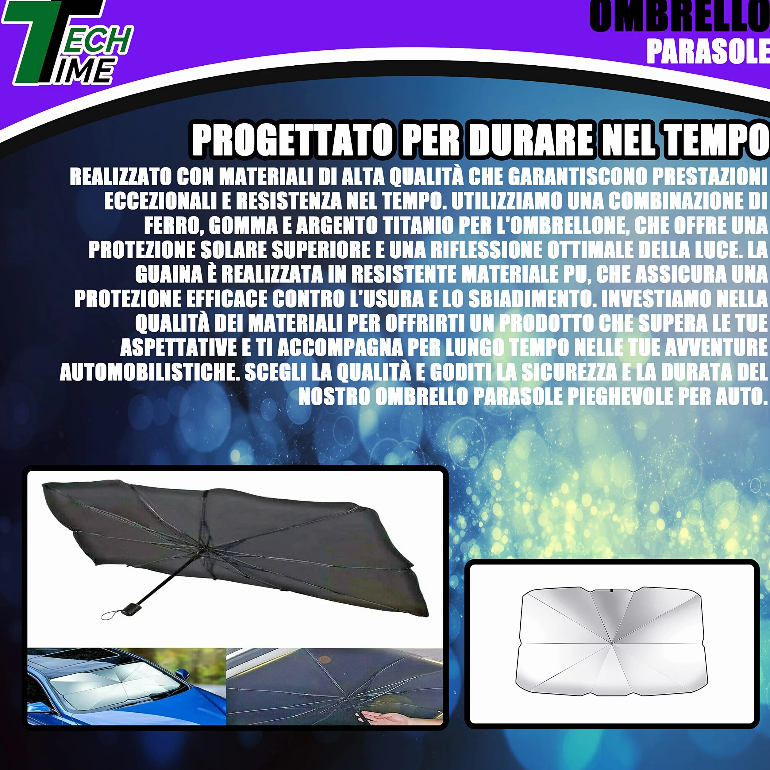 TechTime Parasole Auto Ombrello Pieghevole per Parabrezza Interni Macchina Schermo Anti-Uv GladeShade Telo Proteggi Cruscotto Copriparabrezza dal Sole Universale