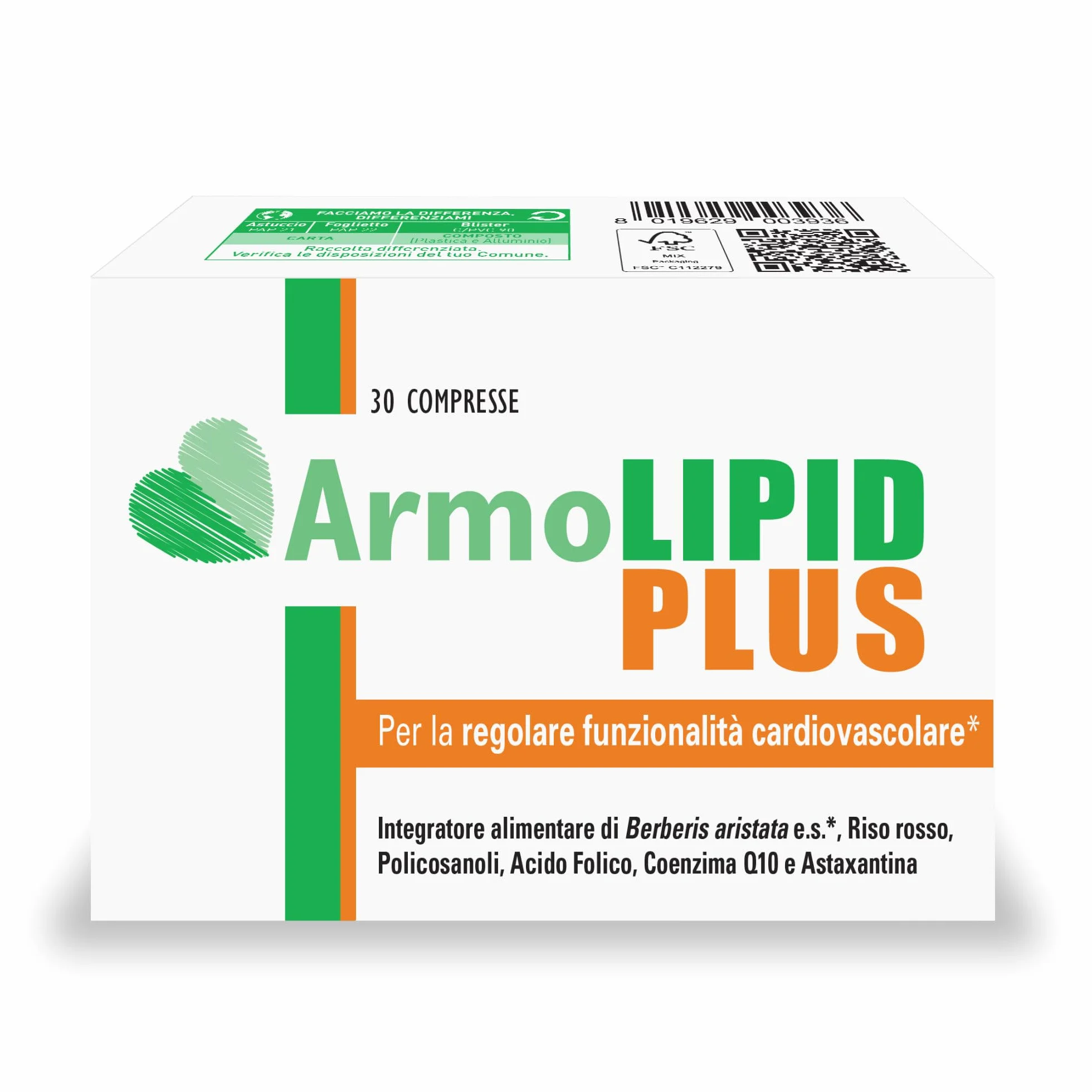 Armolipid Plus 30 Compresse Integratore Alimentare Berberis Aristata Riso Rosso Fermentato Acido Folico Policosanoli Coenzima Q10 Astaxantina