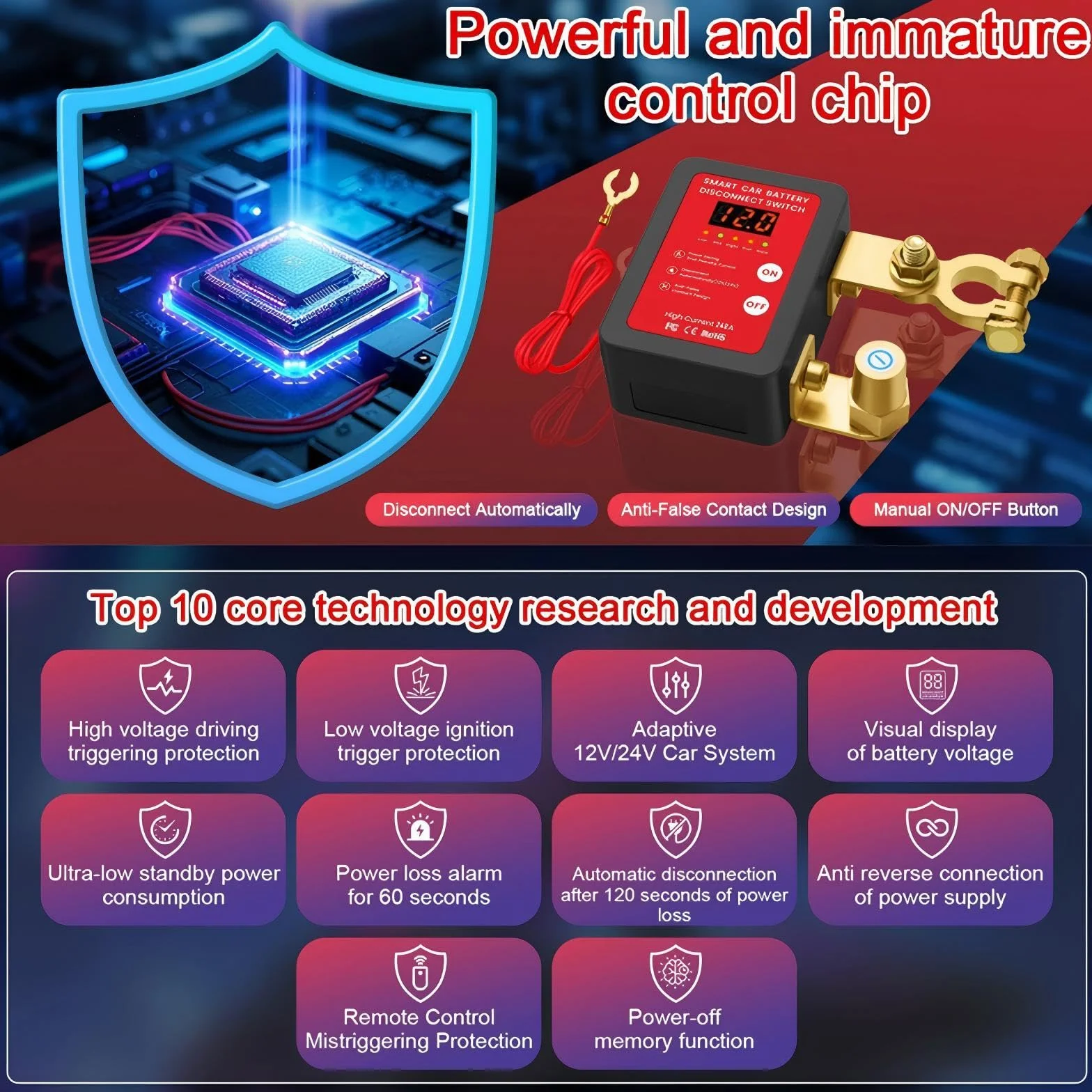 Stacca Batteria Auto 12V 240A, Interruttore Staccabatteria con Display LED, Interruttore Automatico Senza Fili con Telecomando, Kill Switch Antifurto per Auto, Camper, ATV, Camion, Trattore