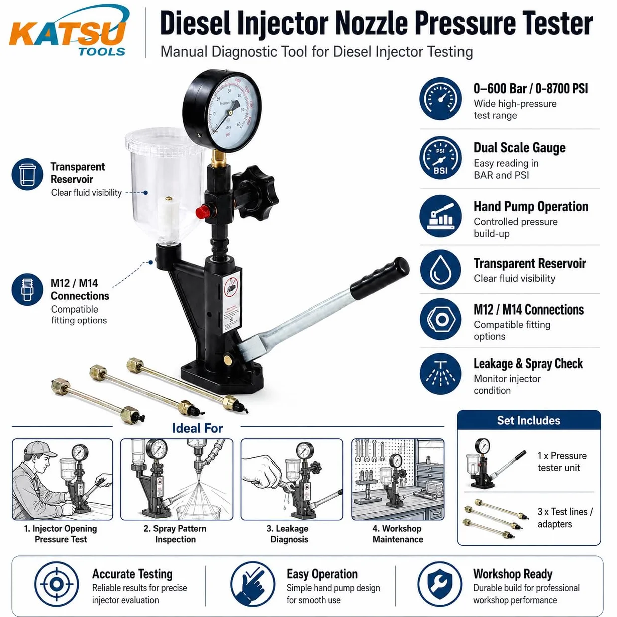 KATSU Tester Pressione per Ugelli Iniettori Motori Diesel da Macchina e Camion 600 Bar, 449949
