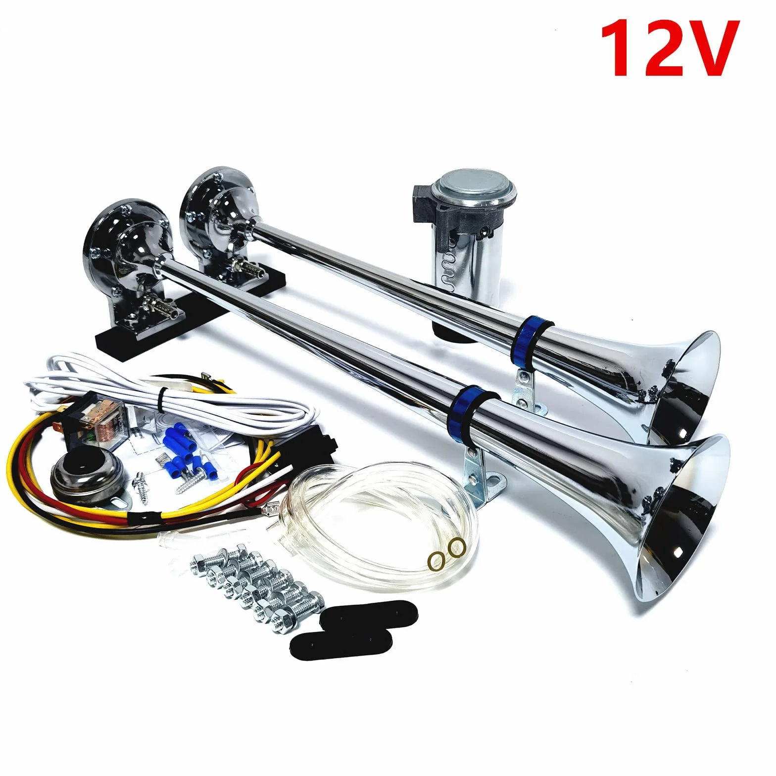 Tromba d'aria 12V Altoparlante argento 165db Staffa a fascia per avvisatore acustico per camion Tromba a doppio tubo in zinco cromato con clacson della pompa dell'aria Horn per 12V auto SUV ecc