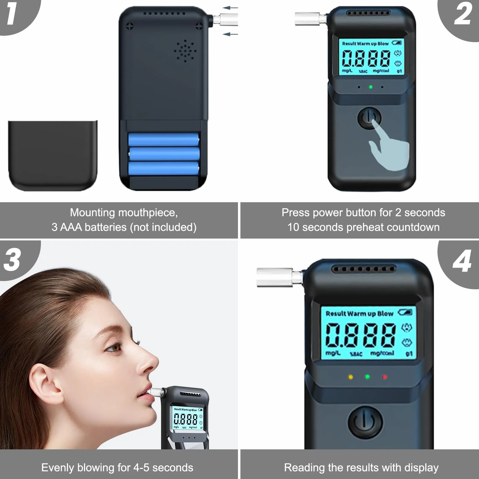 Etilometro Portatile Certificato per Alcol Test, Misuratore di Alcol Professionale Digitale, Sensore Semiconduttore, Display LCDigitale, Misurazione Rapida e Accurata, con 20 Beccucci