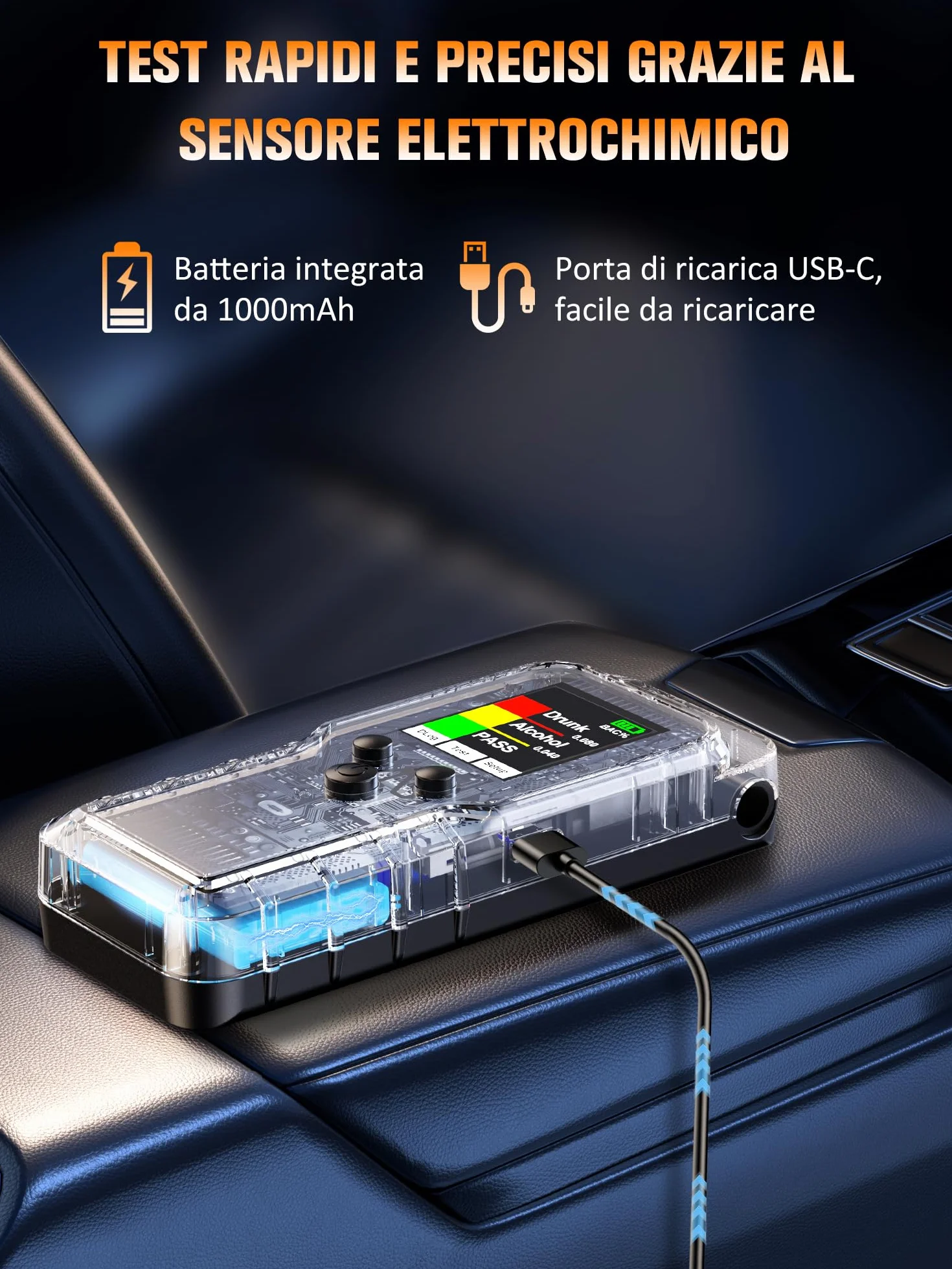 Etilometro Portatile Certificato con Sensore Elettrochimico Professionale Ricaricabile Alcol Test Digitale con Memoria Breathalyzer di Precisione Display LCD Blu