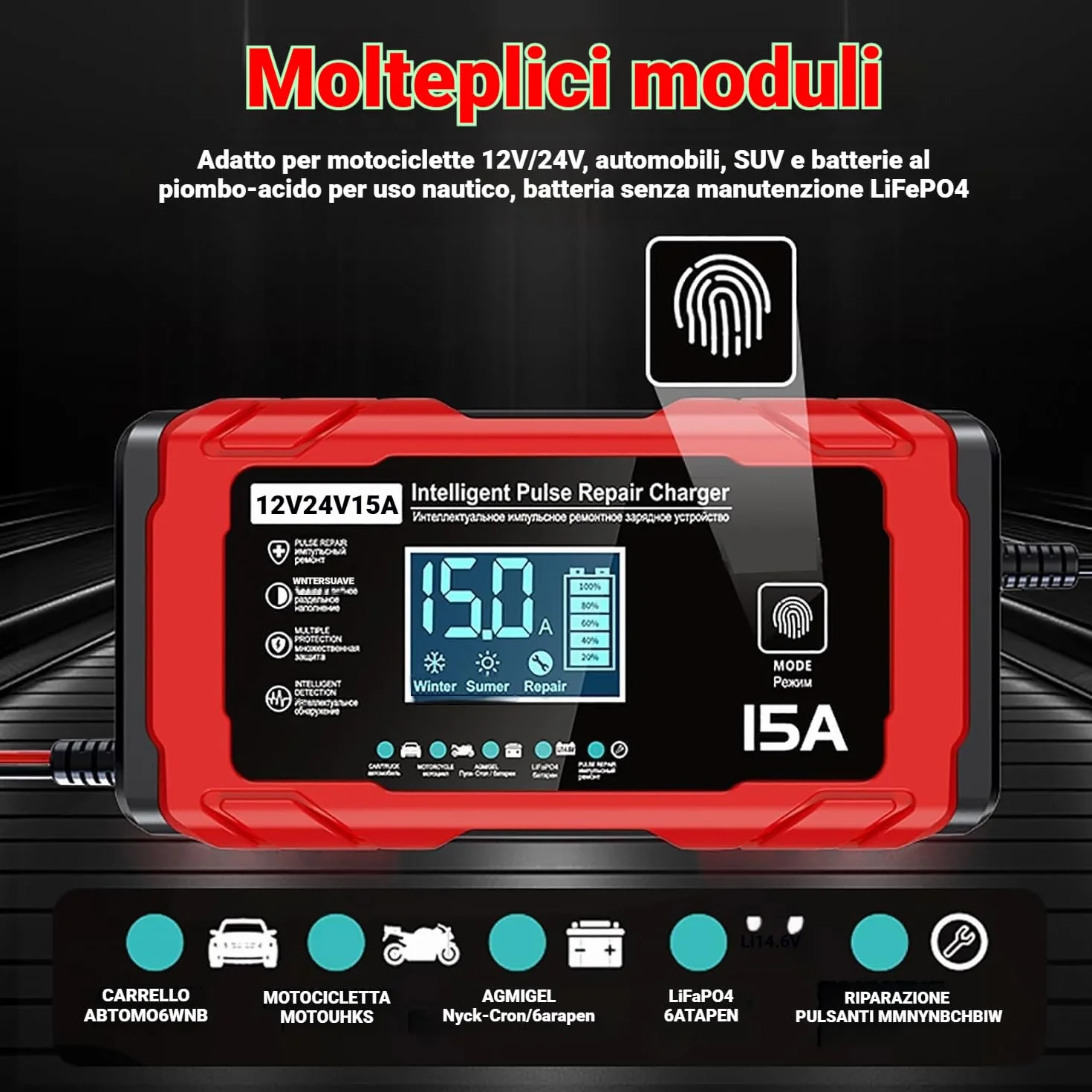 Caricabatteria per Auto 15A - 12V/24V 15A Carica Batterie intelligente Auto, Schermo LCD, Caricabatterie con Multi-Protezione, Compatibile con Batterie per Auto, Moto, AGM e LiFePO4