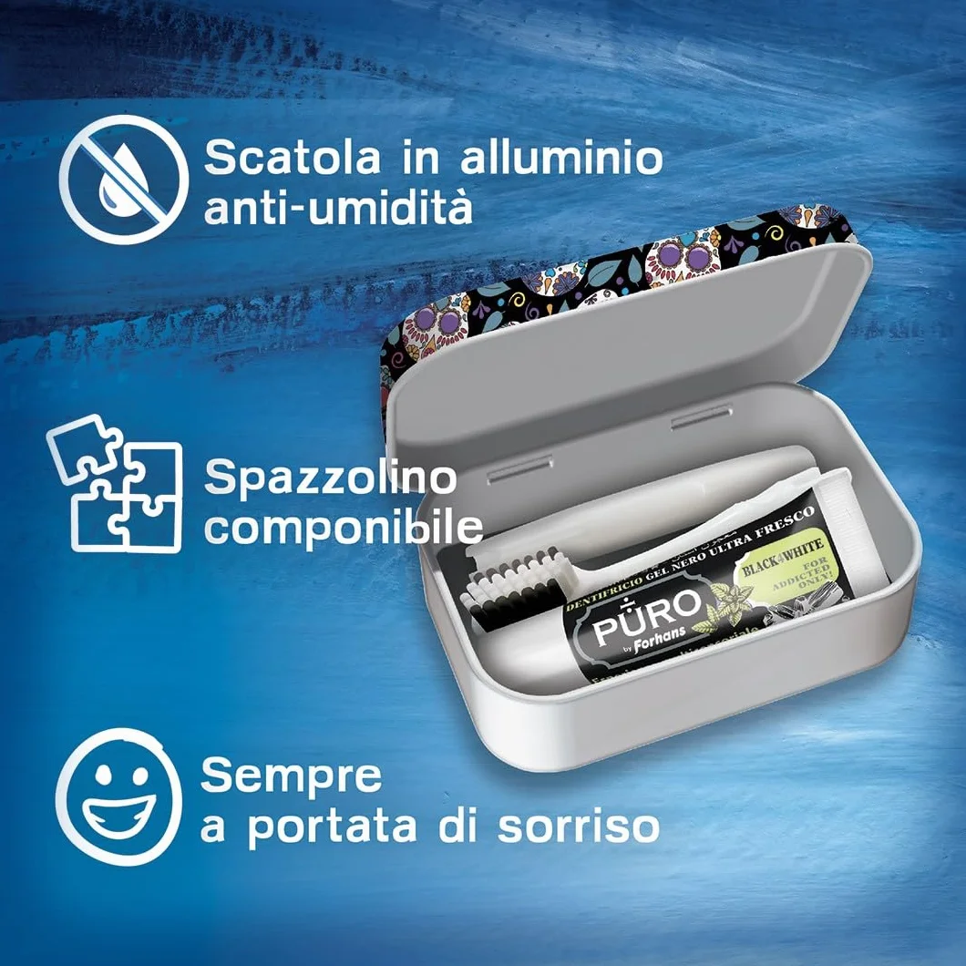 Forhans My Travel Box Teschi Nero Kit da Viaggio con Spazzolino Componibile e Dentifricio al Carbone Attivo