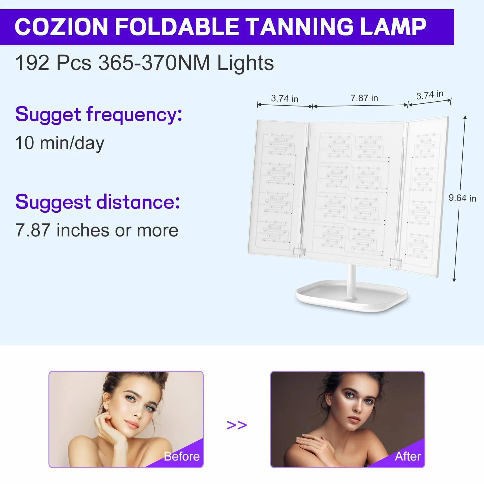 Cozion Lampada Abbronzante Pieghevole 24W 192 LED per Viso e Corpo con Supporto e Protezione Occhi