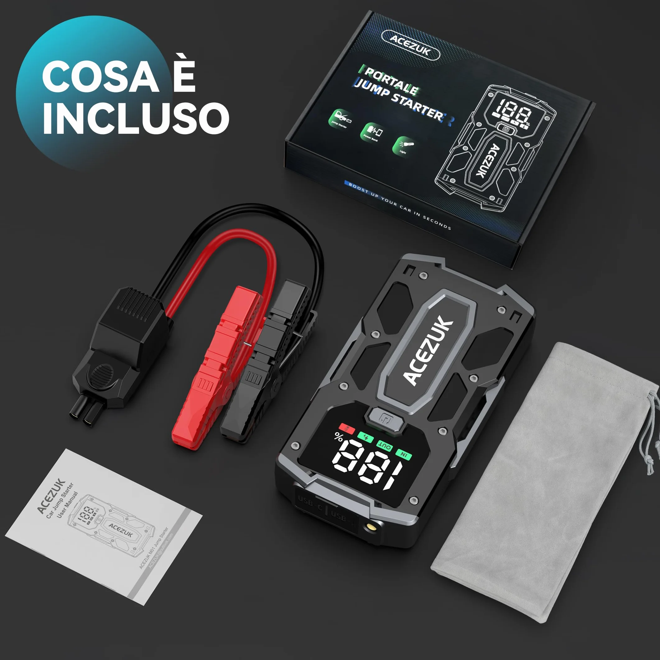 ACEZUK Avviatore Batteria 7000A Jump Start Portatile con LED LCD Booster Avviamento