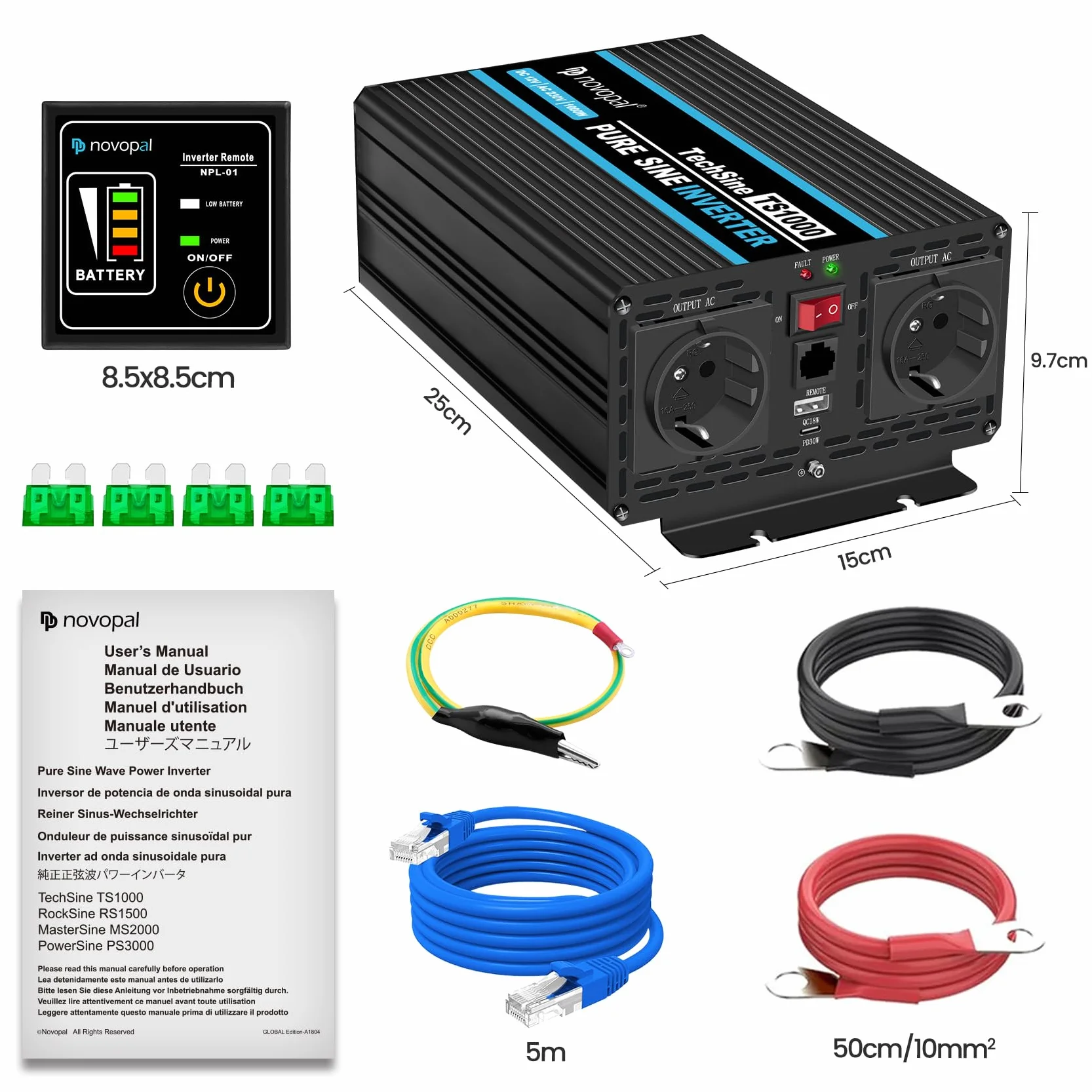 Novopal Inverter di Potenza 1000W Onda Sinusoidale DC 12V AC 220V 2 EU Presa USB Type-C