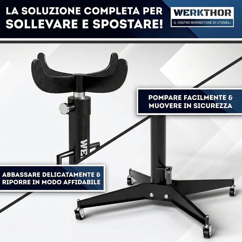 WERKTHOR Sollevatore per ingranaggi 500 kg idraulico regolabile 113-195 cm motore officina arrotolabile 4 ruote pedale nero