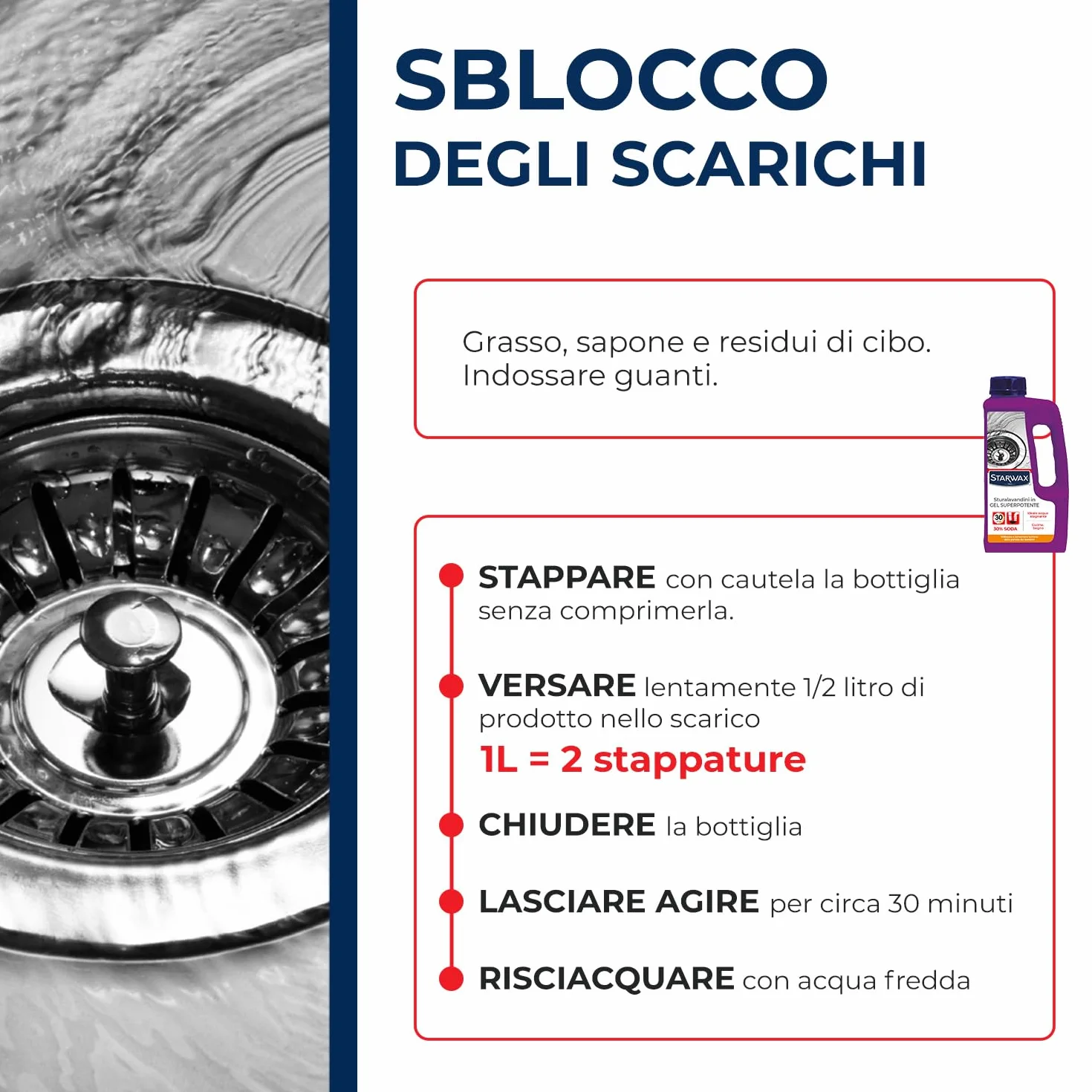 STARWAX Sturalavandino Gel Superpotente 1L - Soda Caustica 30% - Sblocco Tubi