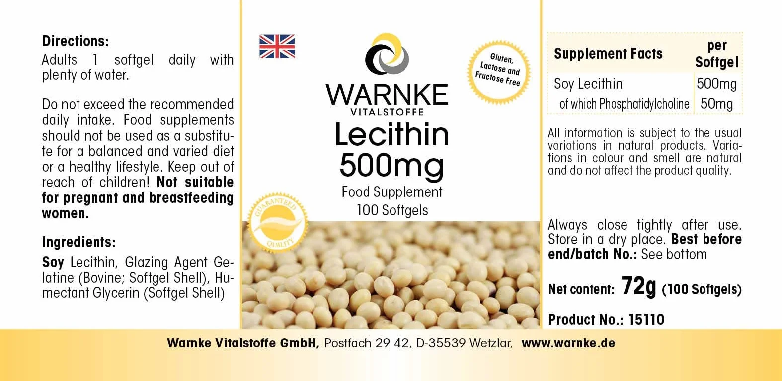 Lecitina di soia capsule molli 500mg - No OGM - 100 Softgels - Warnke Vitalstoffe