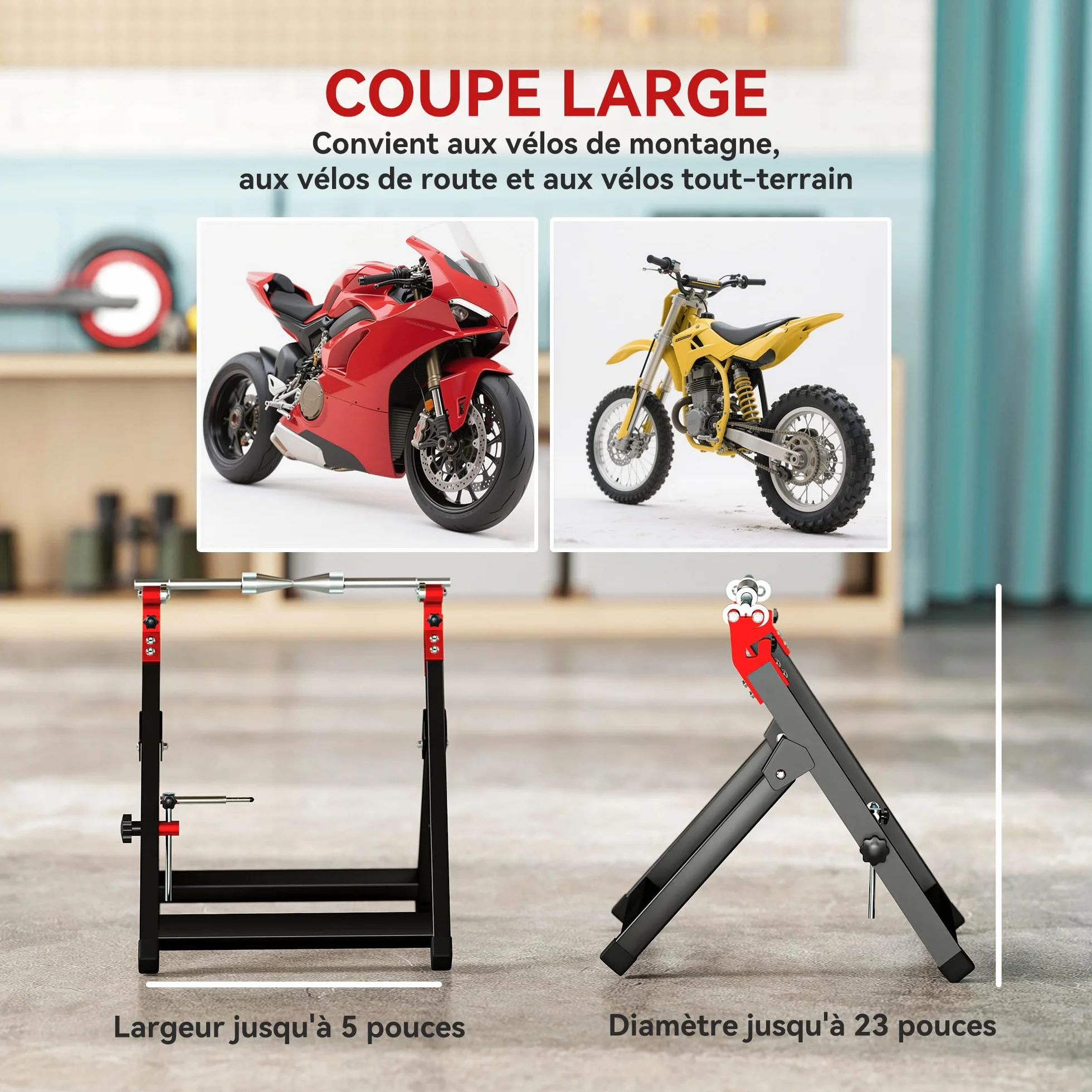 HOMCOM Bilanciatore manuale di ruote moto alluminio e acciaio bilanciamento danni ruote pieghevole con chiave a raggi, compatibile fino a 21 pollici, nero