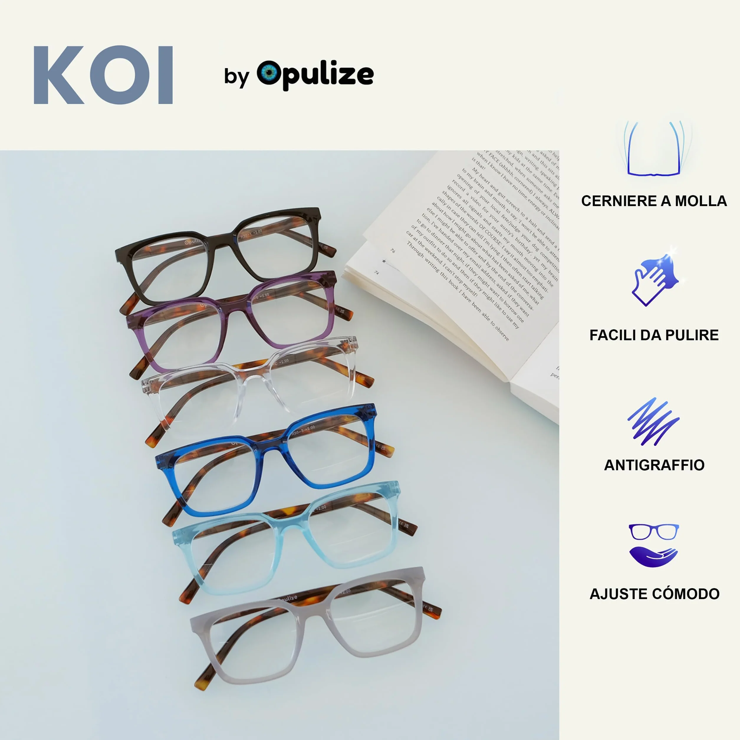 OPULIZE KOI Occhiali da Lettura +2.50 Montatura Rettangolare Grande Viola Cerniere a Molla