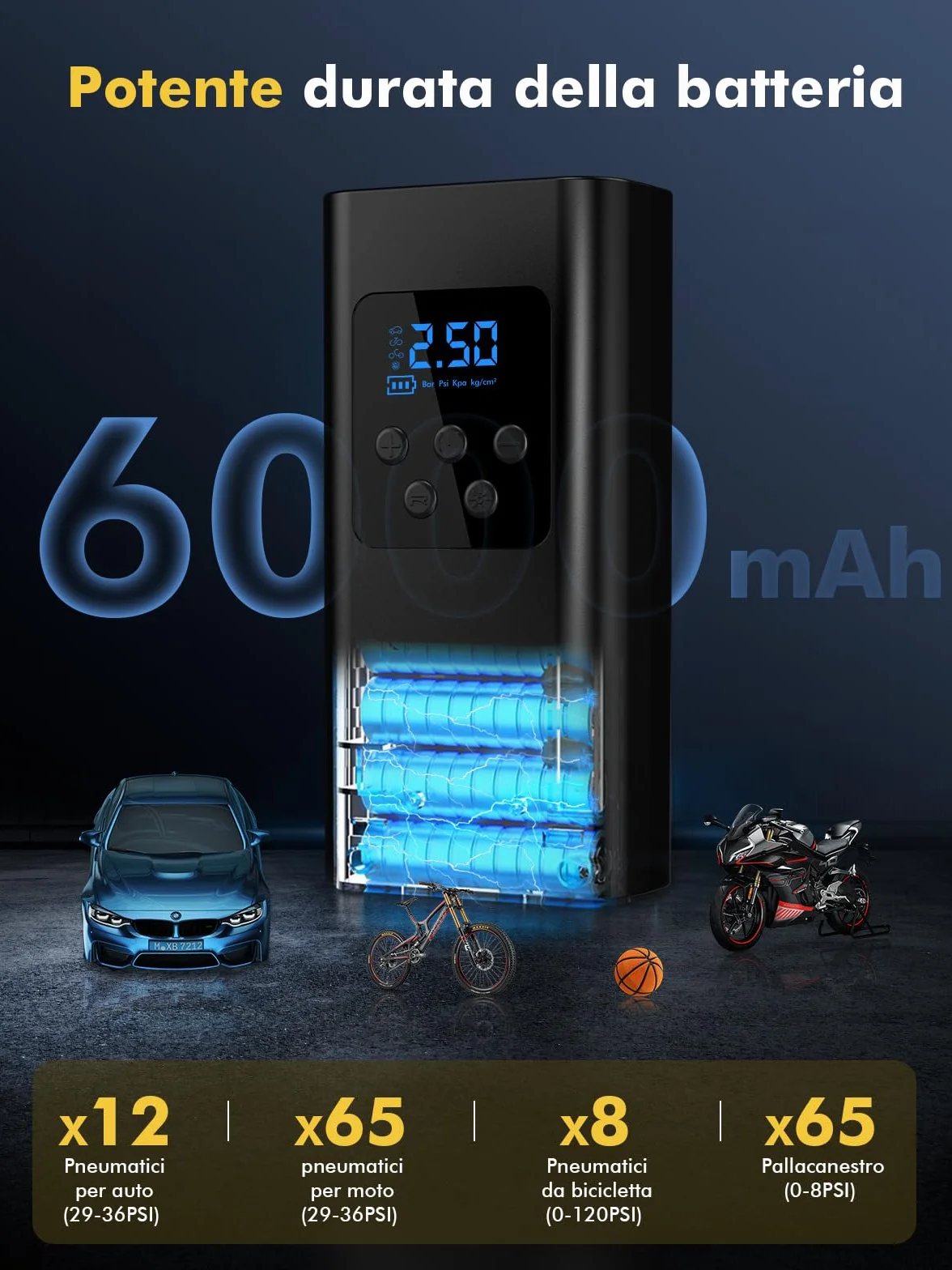 Compressore Aria Portatile 45L/min 6000mAh Batteria 4 Modalità Gonfiatore Elettrico LED