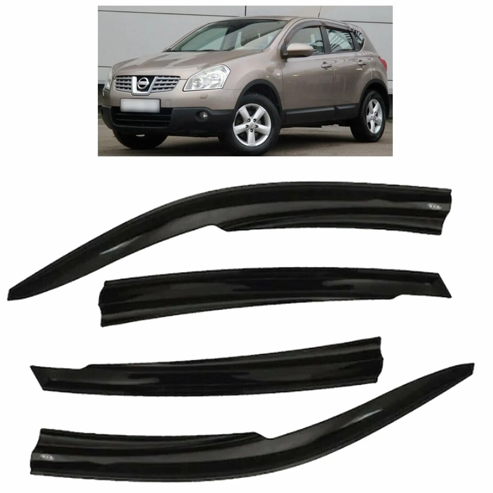 Set di 4 deflettori per vento, pioggia, fumo, sole, compatibili con Nissan Qashqai Mk1 dal 2007 al 2013 [adesivi]