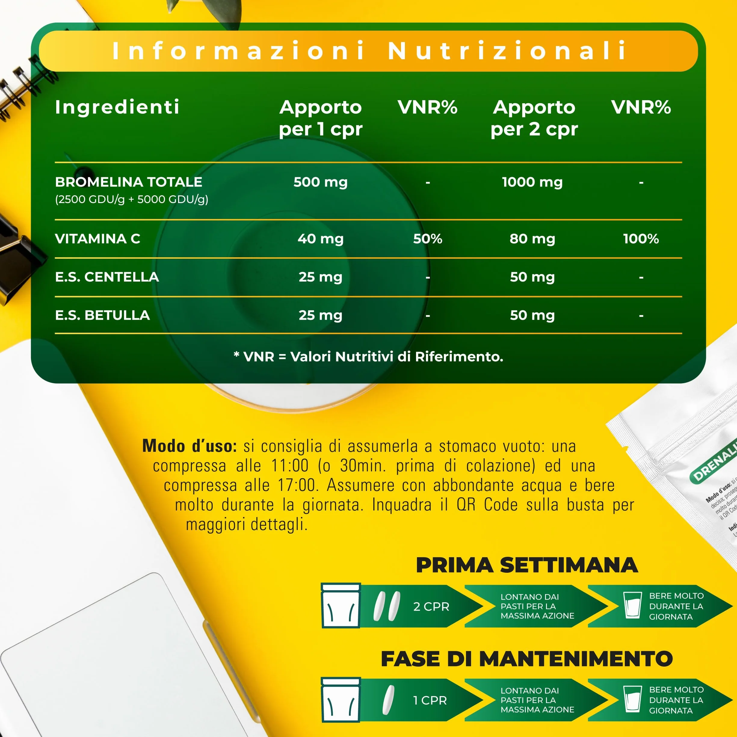 Symbeauty Bromelina Forte 120 Cpr Drenaline 2500+5000 GDU Betulla Centella Vitamina C Vegano Made in Italy