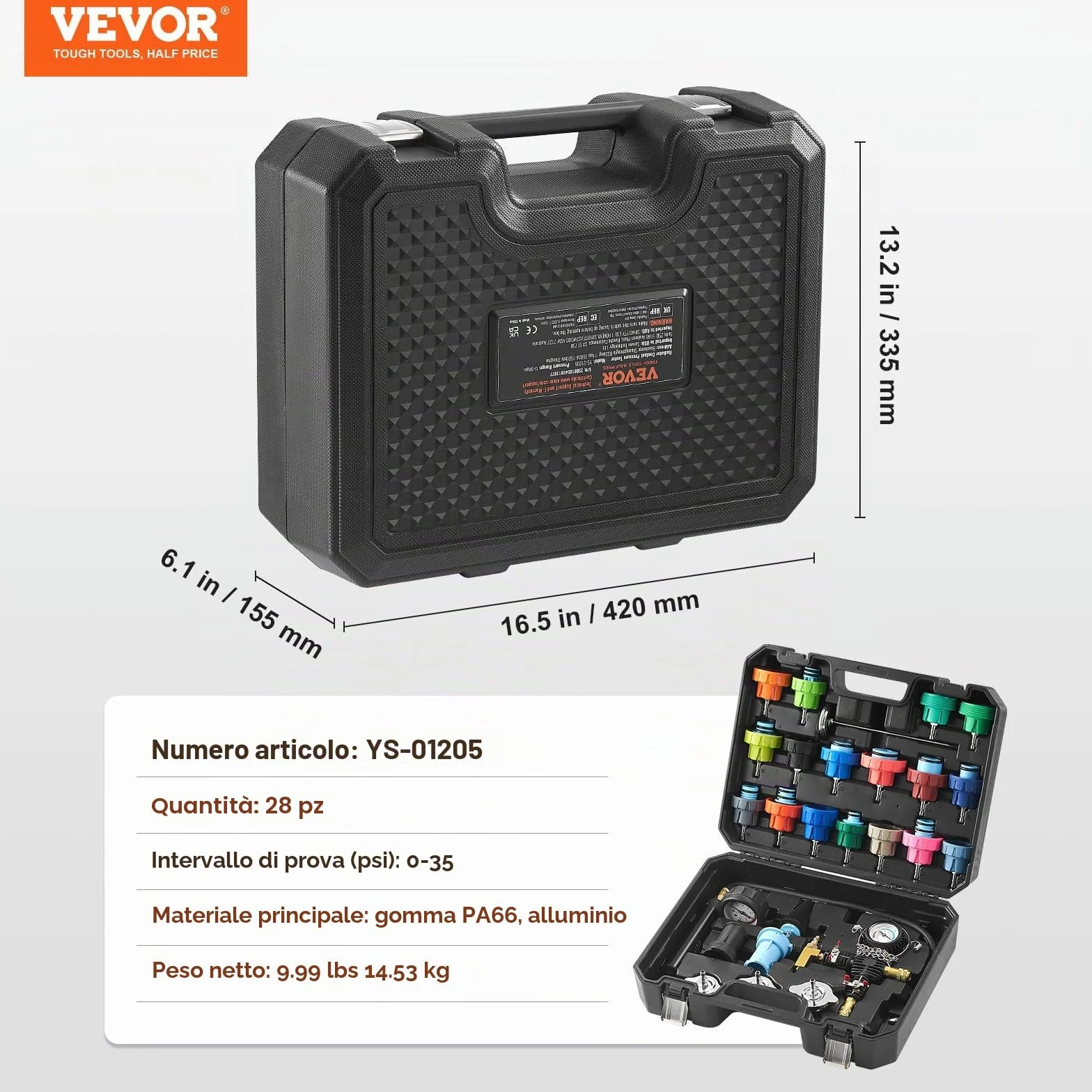 VEVOR Kit Tester Universale per Pressione del Sistema di Raffreddamento Sostituzione del Radiatore, Kit Adattatori per Pompa a Mano Kit Tester per Pressione con Valigetta Portatile Auto Moto Camion