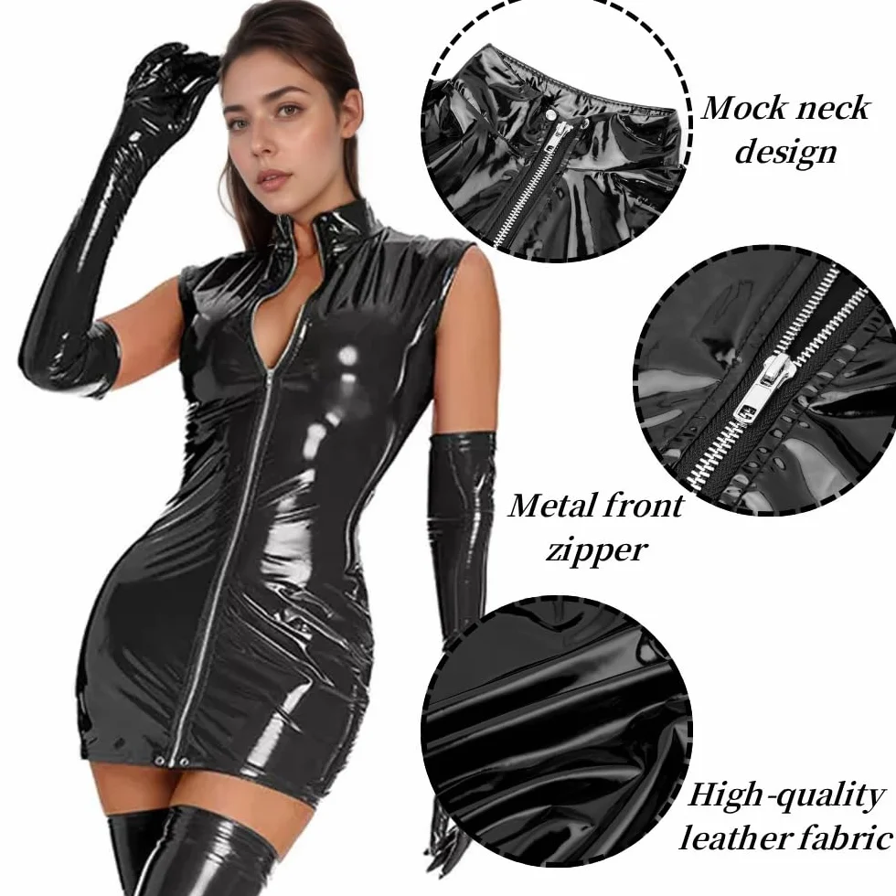 Donna Sexy Pelle Mini Vestito Cerniera Frontale Babydoll Latex Wetlook Camicia Notte Clubwear Elasticità Senza Maniche Miniabito Metallizzato Aderente Catsuit Cocktail Discoteca Costume