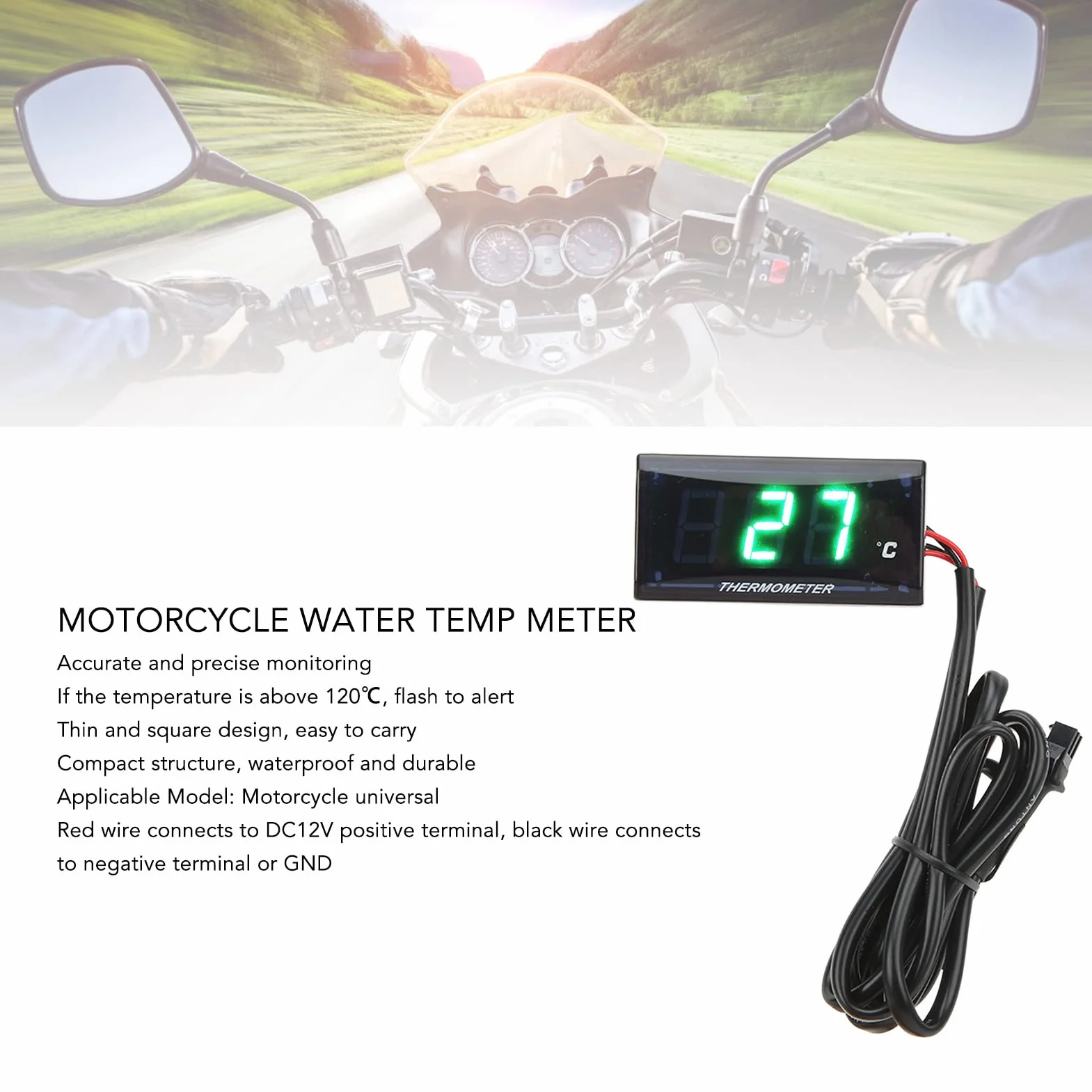 Misuratore di temperatura dell'acqua LCD sottile universale DC12V per gli appassionati di moto con display di definizione (Green Backlight)