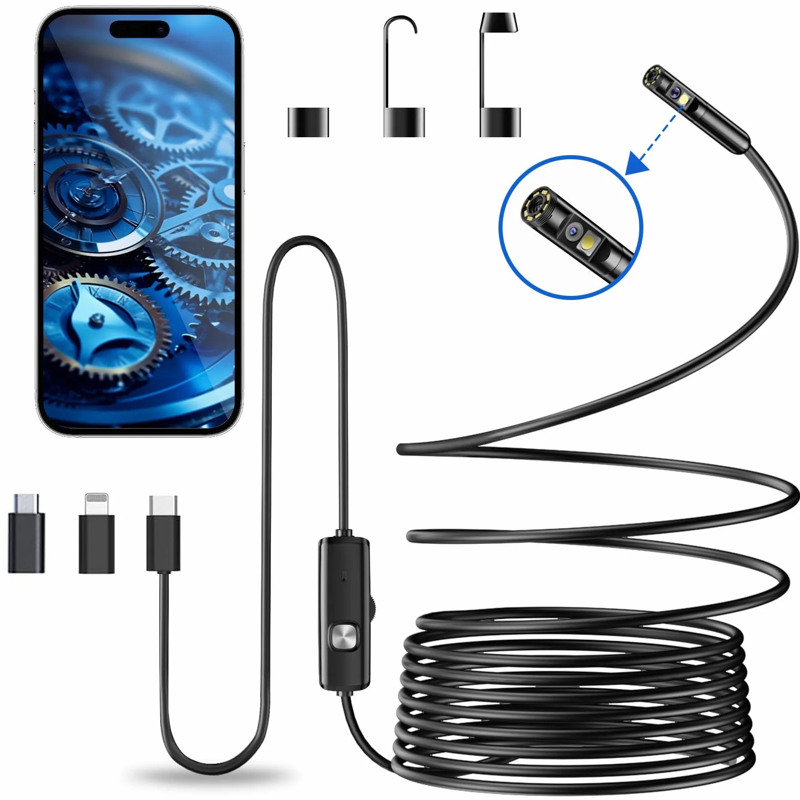 Endoscopio per Smartphone 1920P HD IP68 Impermeabile 8 LED Cavo Semirigido 5M Compatibile iOS Android