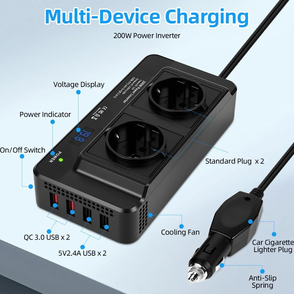 Inverter Auto 12V-220V 200W Convertitore di Tensione con 2 Prese CA e 4 Porte USB Display Digitale