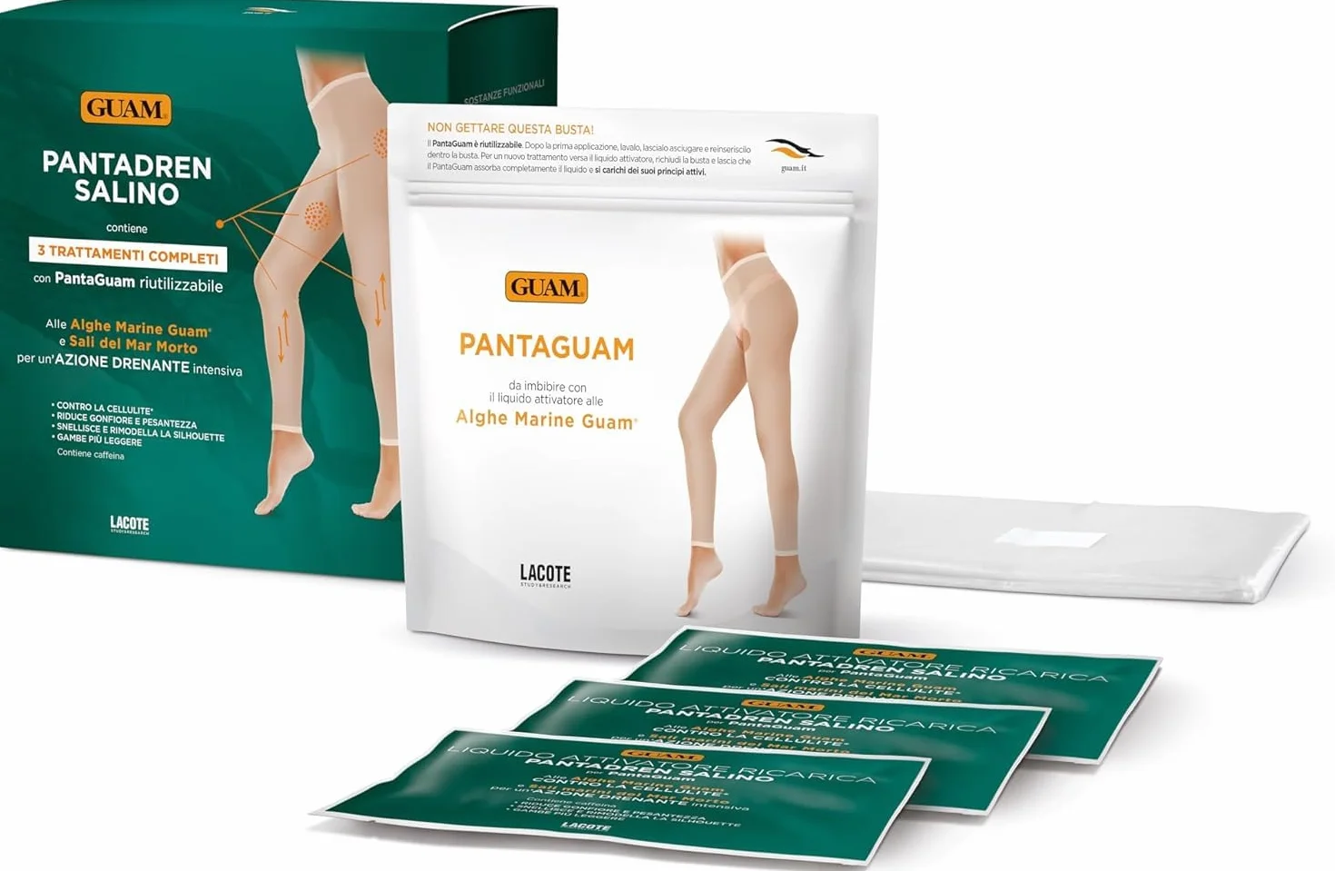 Guam Pantadren Salino 3 trattamenti completi con PantaGuam riutilizzabile + liquido attivatore 100 ml + pantalone protettivo effetto sauna