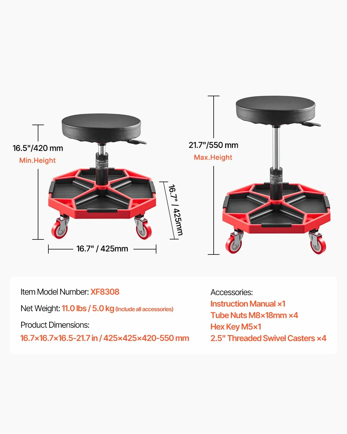 VEVOR Sgabello da Meccanico con Ruote, Capacità 136 kg, Altezza Regolabile 420-550 mm, Vassoio Portautensili, Nero Rosso