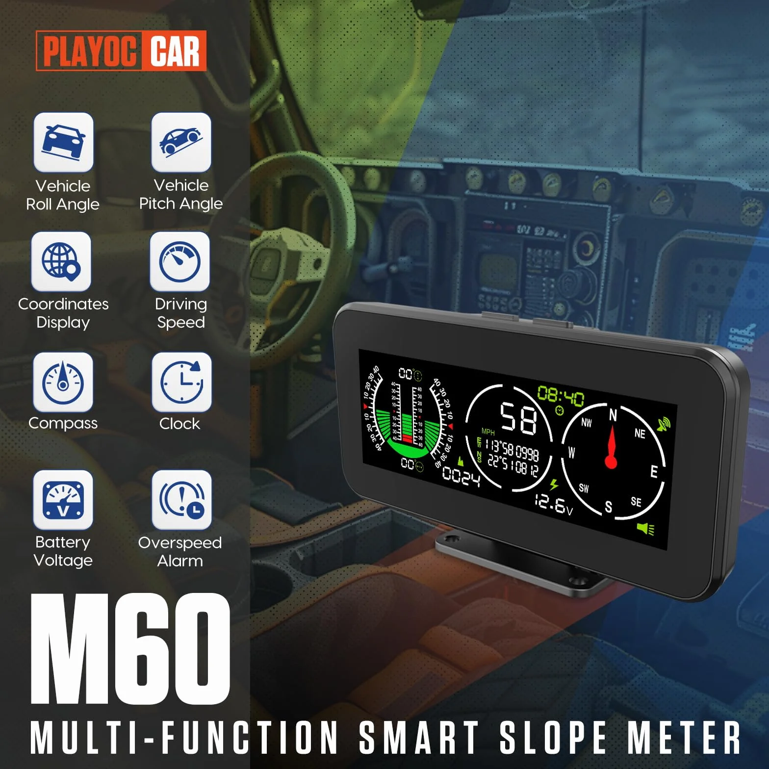 PLAYOCCAR M60 GPS Velocità e pendenza Giroscopio multiasse integrato Indicatore livello inclinazione Contatore velocità Smart Slope Meter