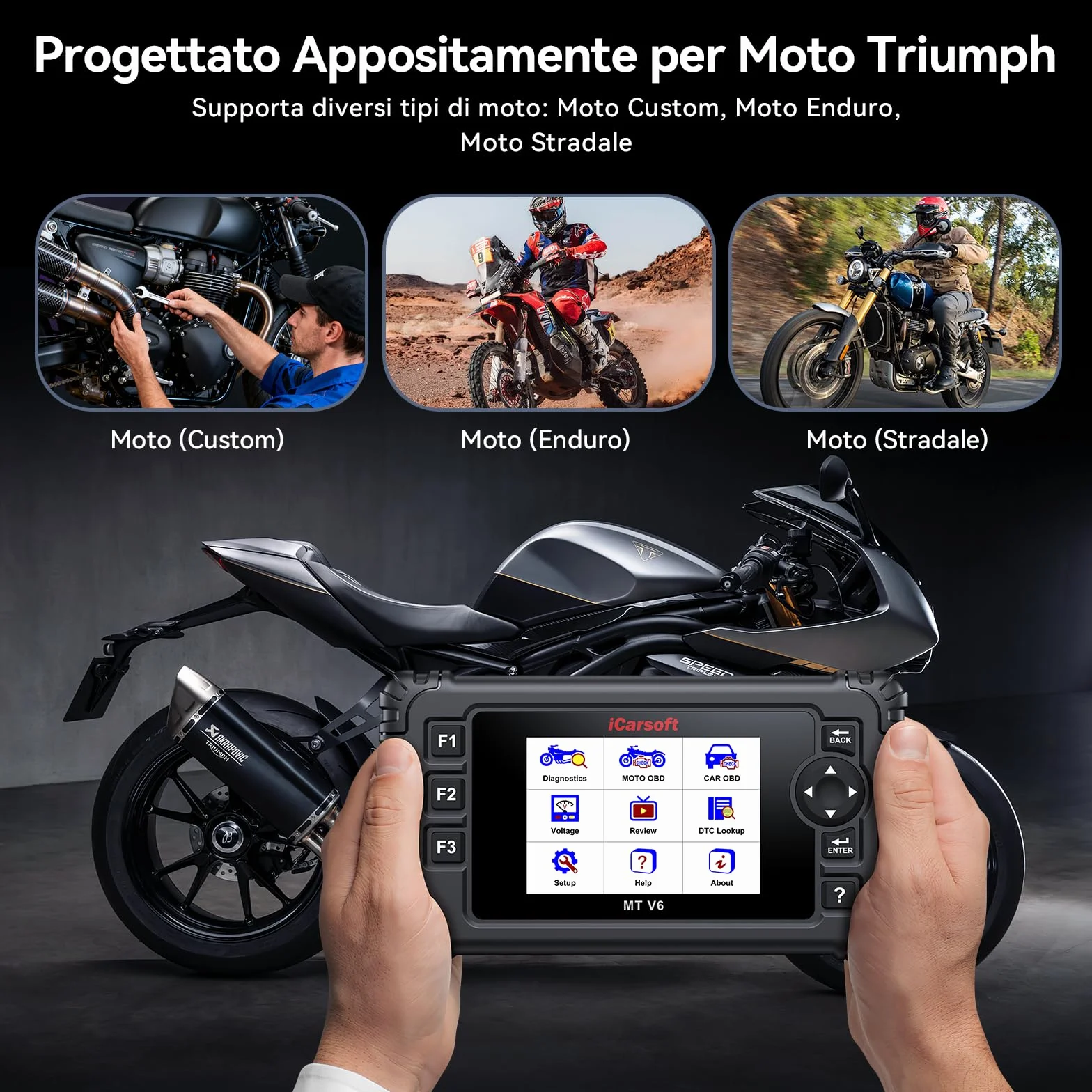 iCarsoft MT V6 Scanner diagnostico moto Triumph OBD2 58 servizi manutenzione 55 test bidirezionali