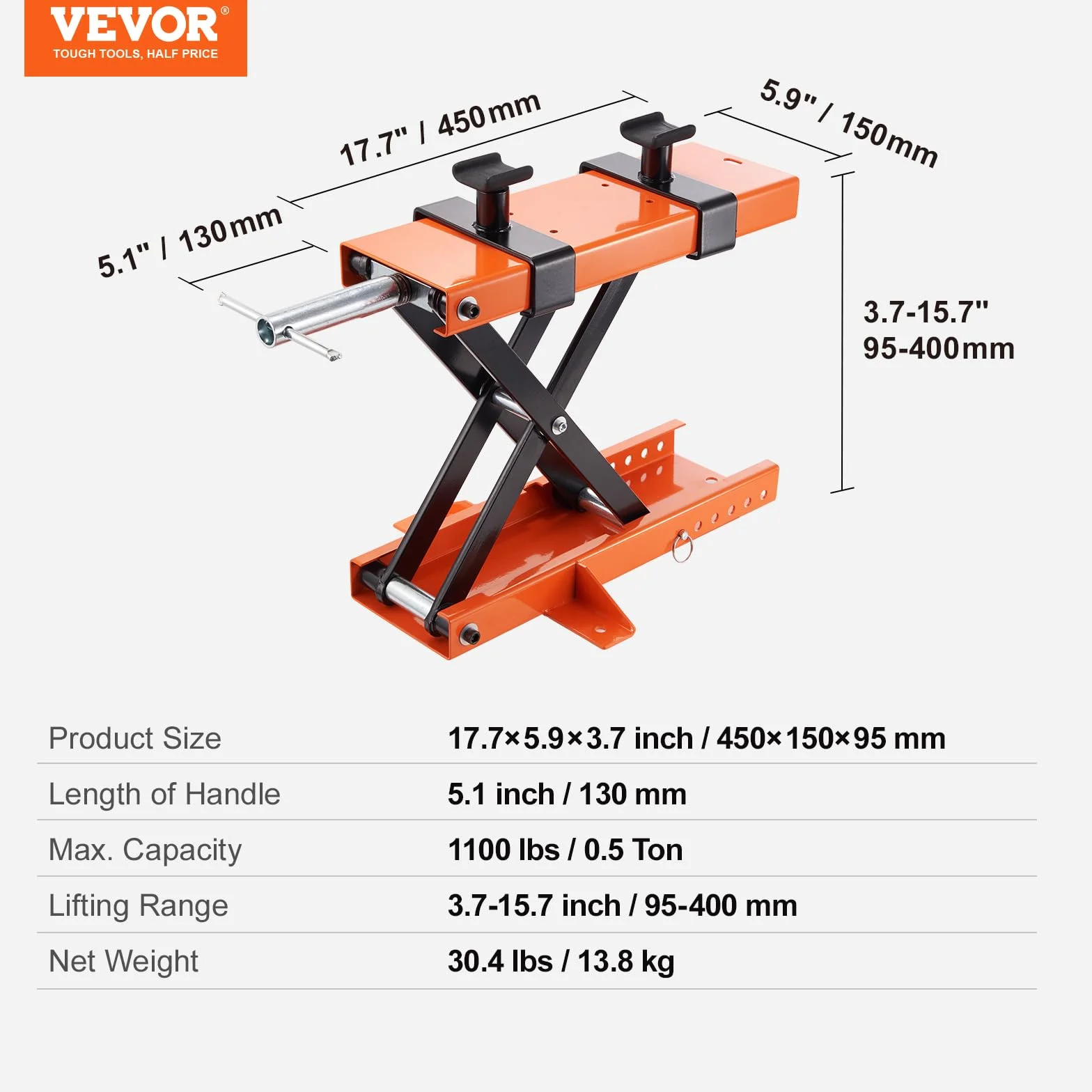 VEVOR Ponte Sollevatore Idraulico a Forbice per Moto 500kg Altezza Regolabile 8,9-33,8 cm 2 Selle Antiscivolo