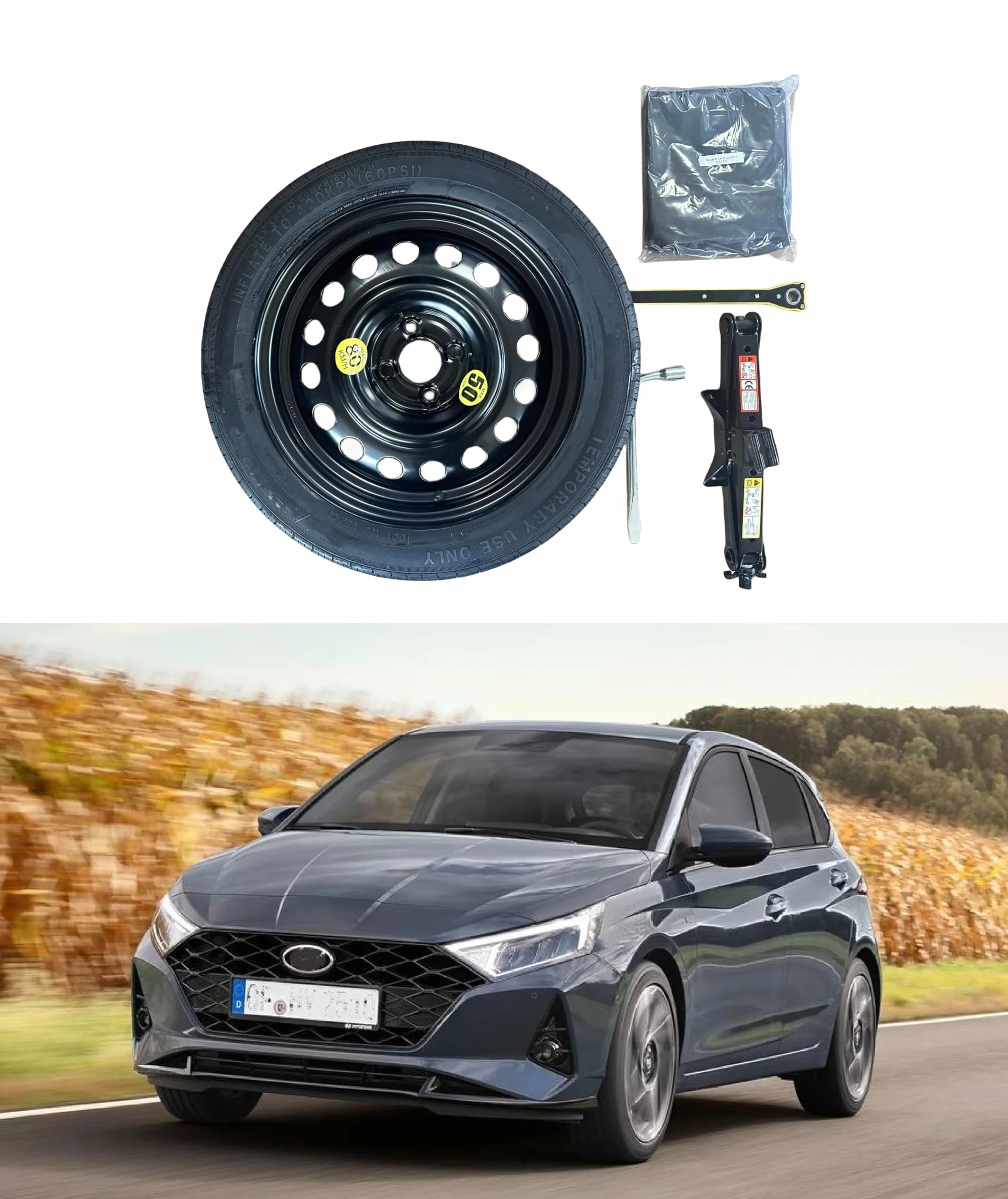 Kit Ruotino di Scorta 16" compatibile Hyundai I20 125/80R16 con Cric, Chiave e Sacca