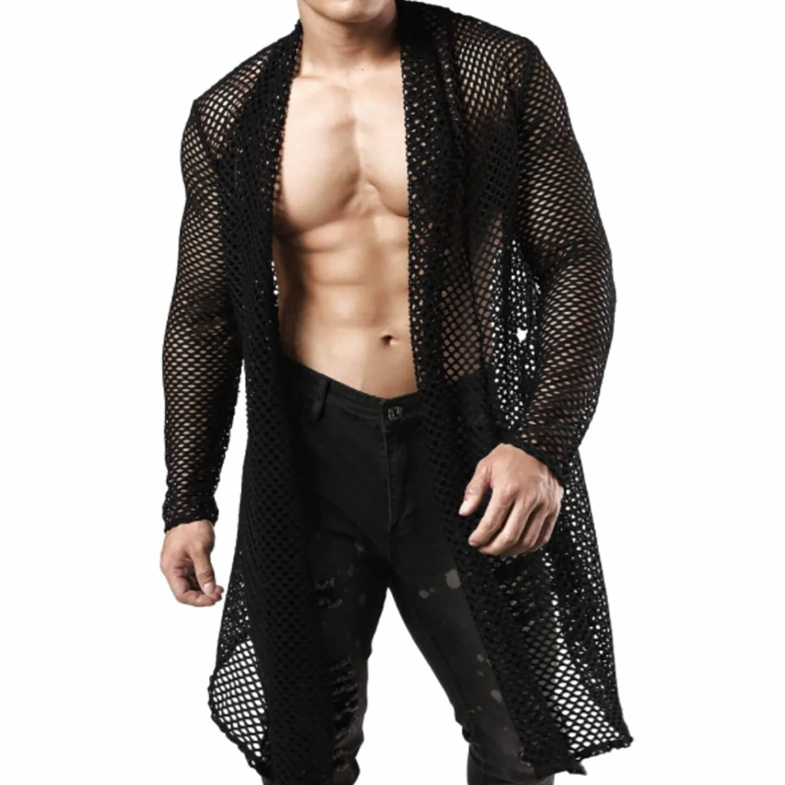 Sexy Style Maschio Cardigan Mesh Street Traspirante Manica Lunga Uomini