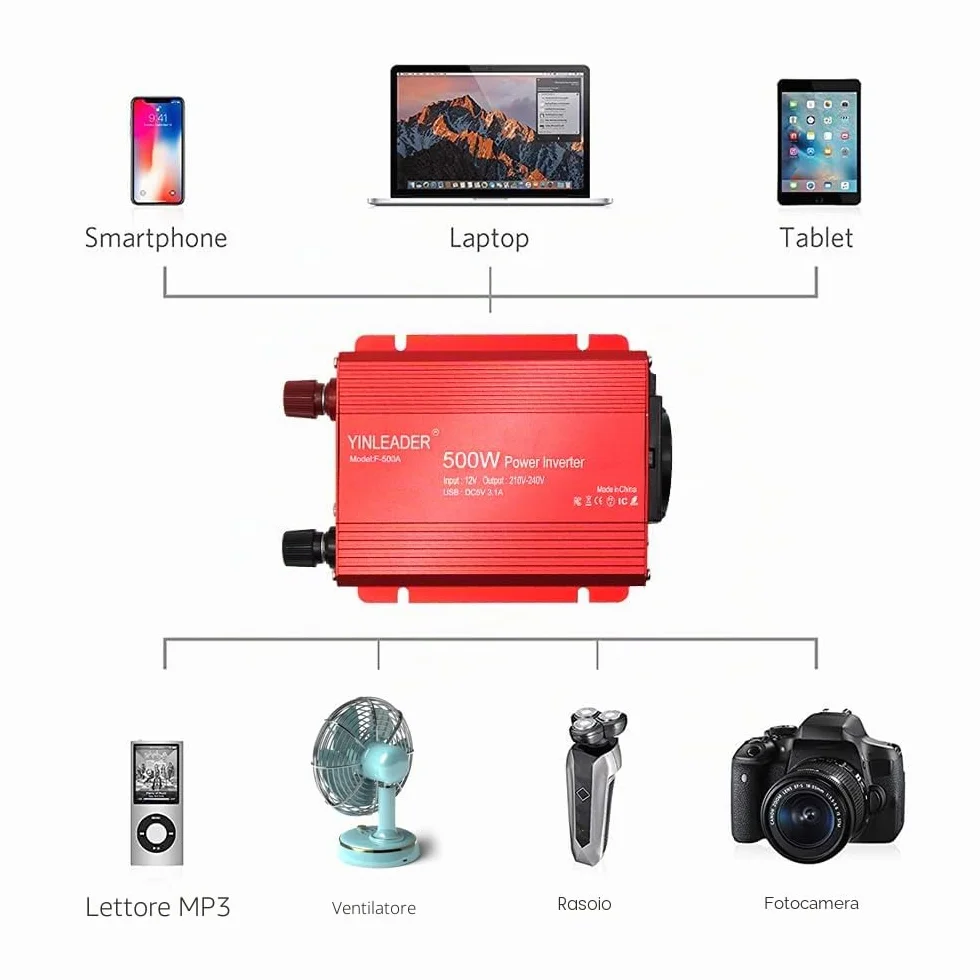 Yinleader Inverter 500W 12V 230V DC AC Power Inverter with 2 USB Ports 2.4A for Car Camper