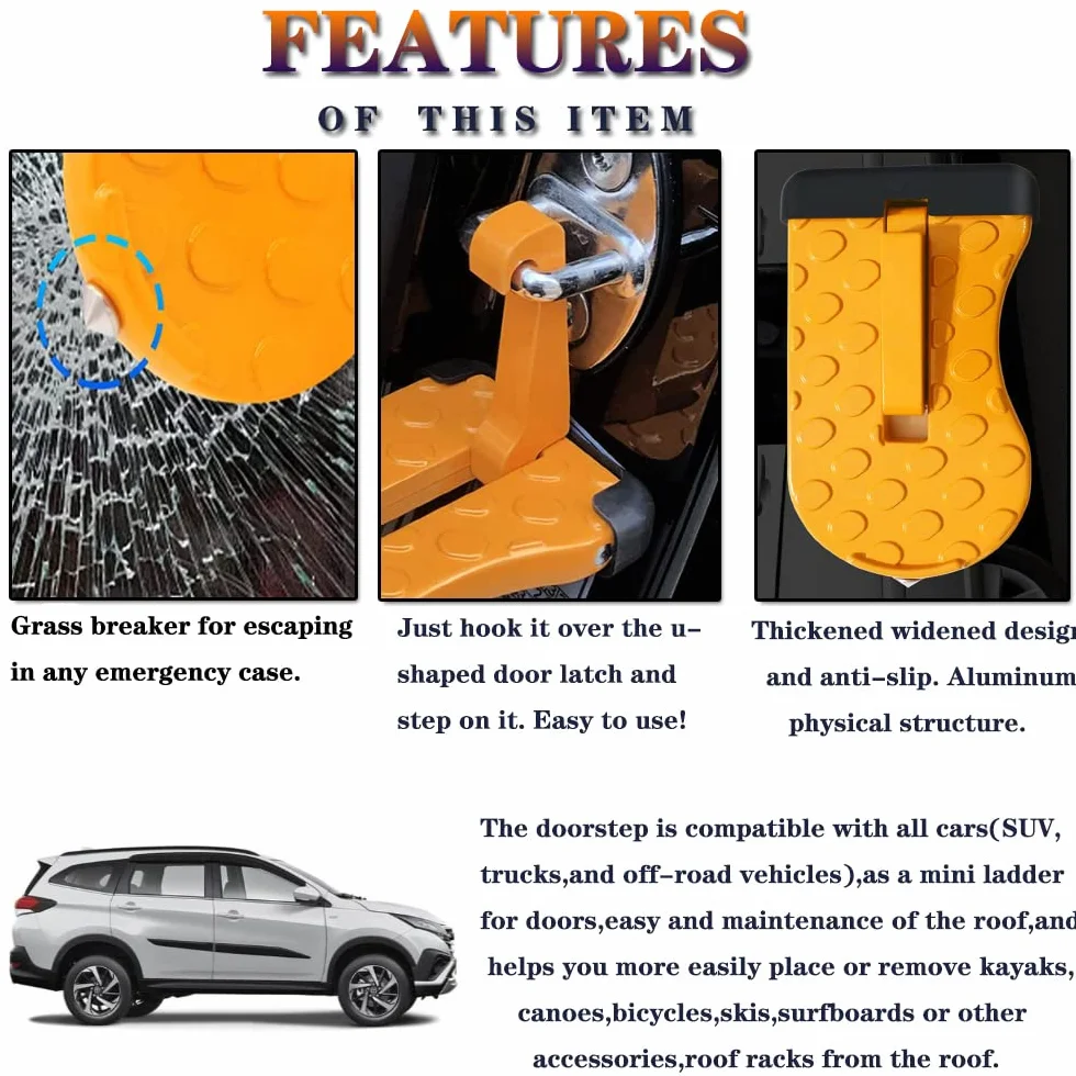 Universal Car Door Latch Step, Pieghevole Car Roof Rack Step con vetro window Breaker, facile accesso al tetto per la maggior parte dell'automobile, SUV, carico massimo 400 LBS (Arancia)