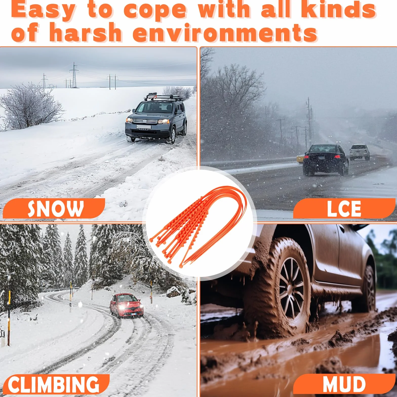 Catene da Neve Universali Antiscivolo 10 Pezzi per Auto Camion SUV Arancione