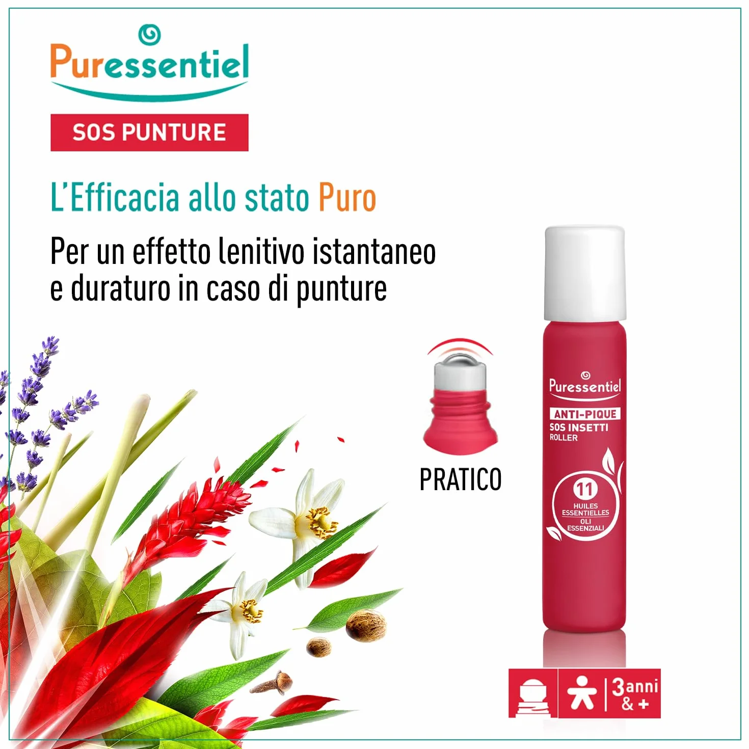 Puressentiel SOS Insetti Roller Multi-Lenitivo Bio 5 ml - Dopo puntura lenisce punture di insetti e vegetali