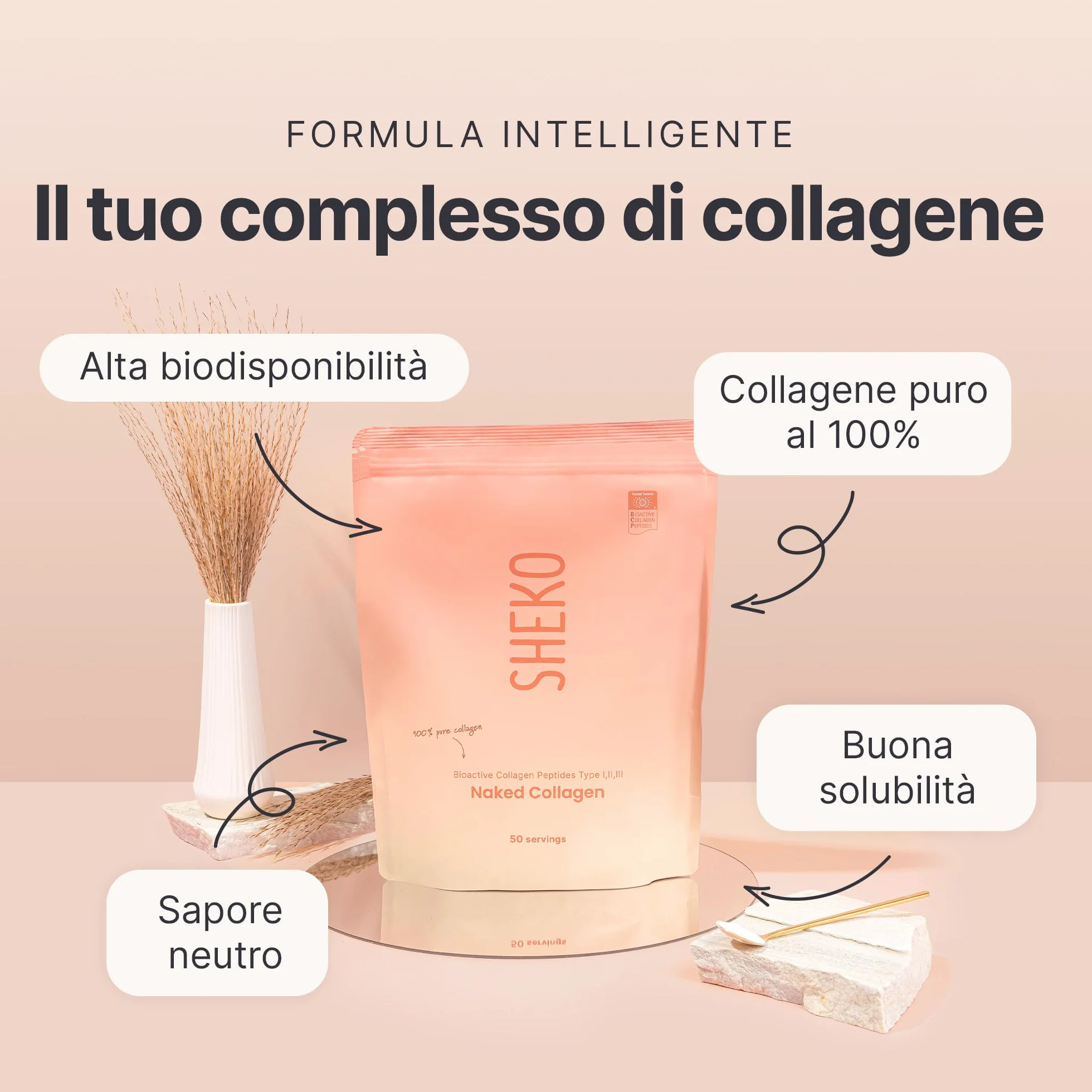 SHEKO Collagene Idrolizzato Premium 450g - Natural Bioactive Collagen Powder Peptidi Tipo 1 2 3