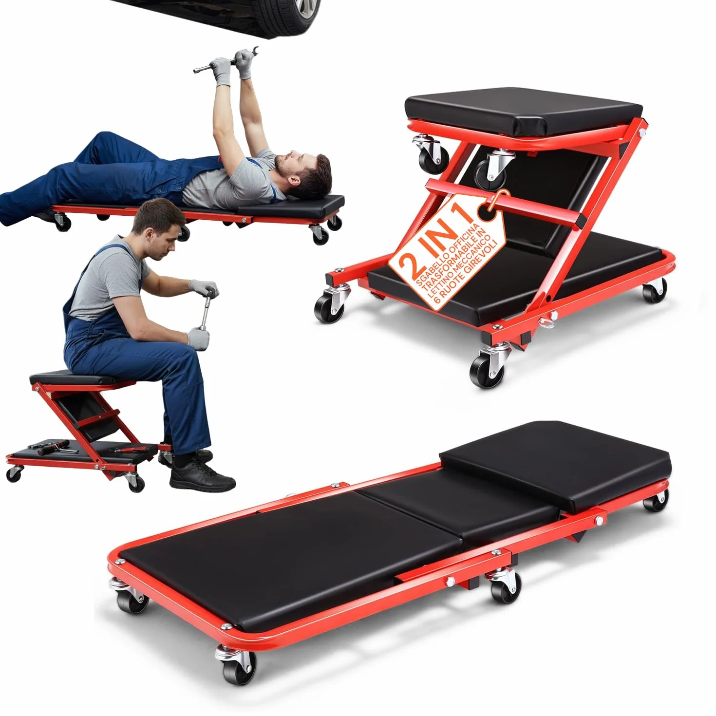 Avilia - Sgabello Officina 2 in 1 Trasformabile in Lettino Meccanico con 6 Ruote Girevoli, Struttura Robusta in Acciaio, Uso Ergonomico per Lavoro in Garage e Manutenzione Auto